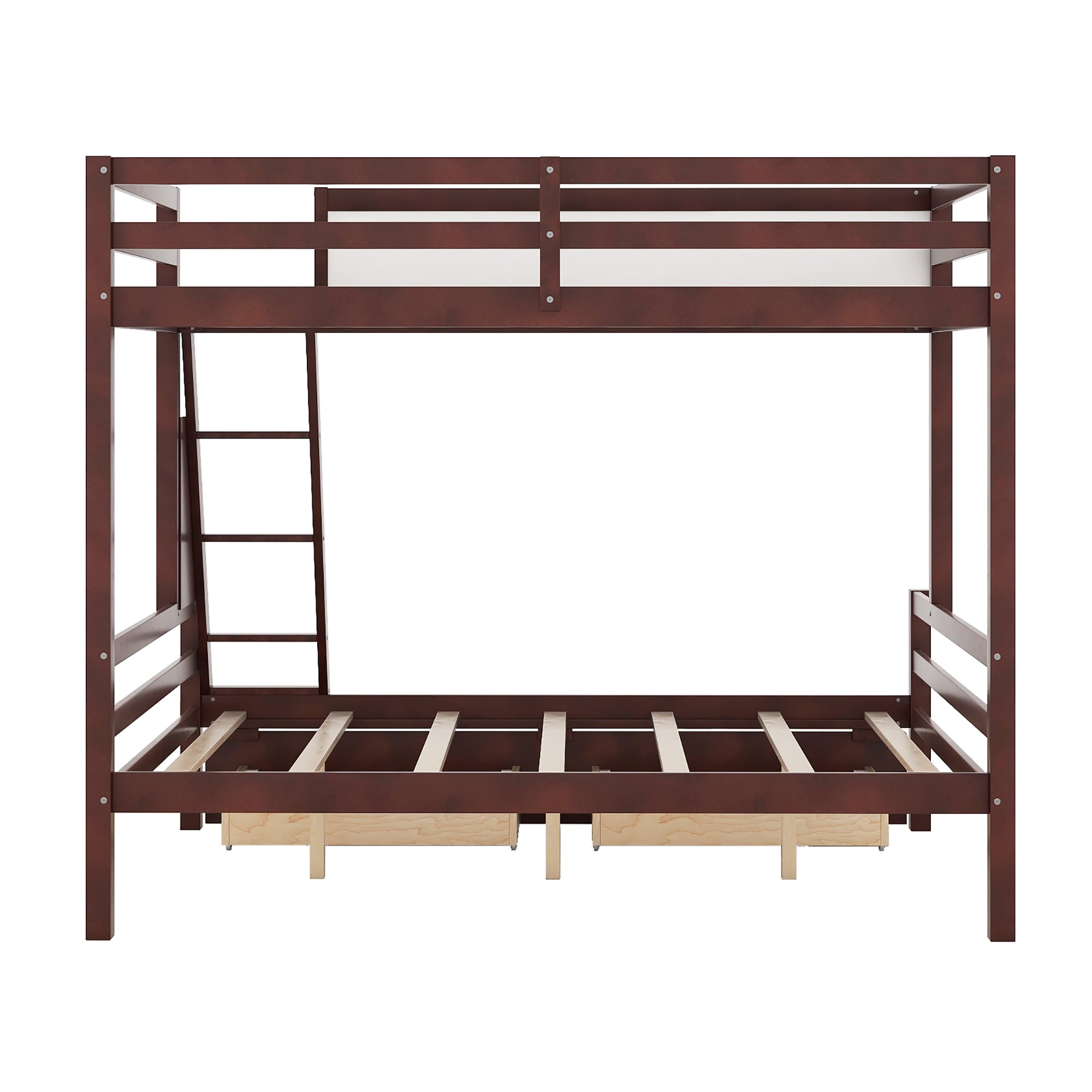 Wood Twin over Full Bunk Bed with Whiteboard, 3 Hooks and 2 Drawers, Espresso