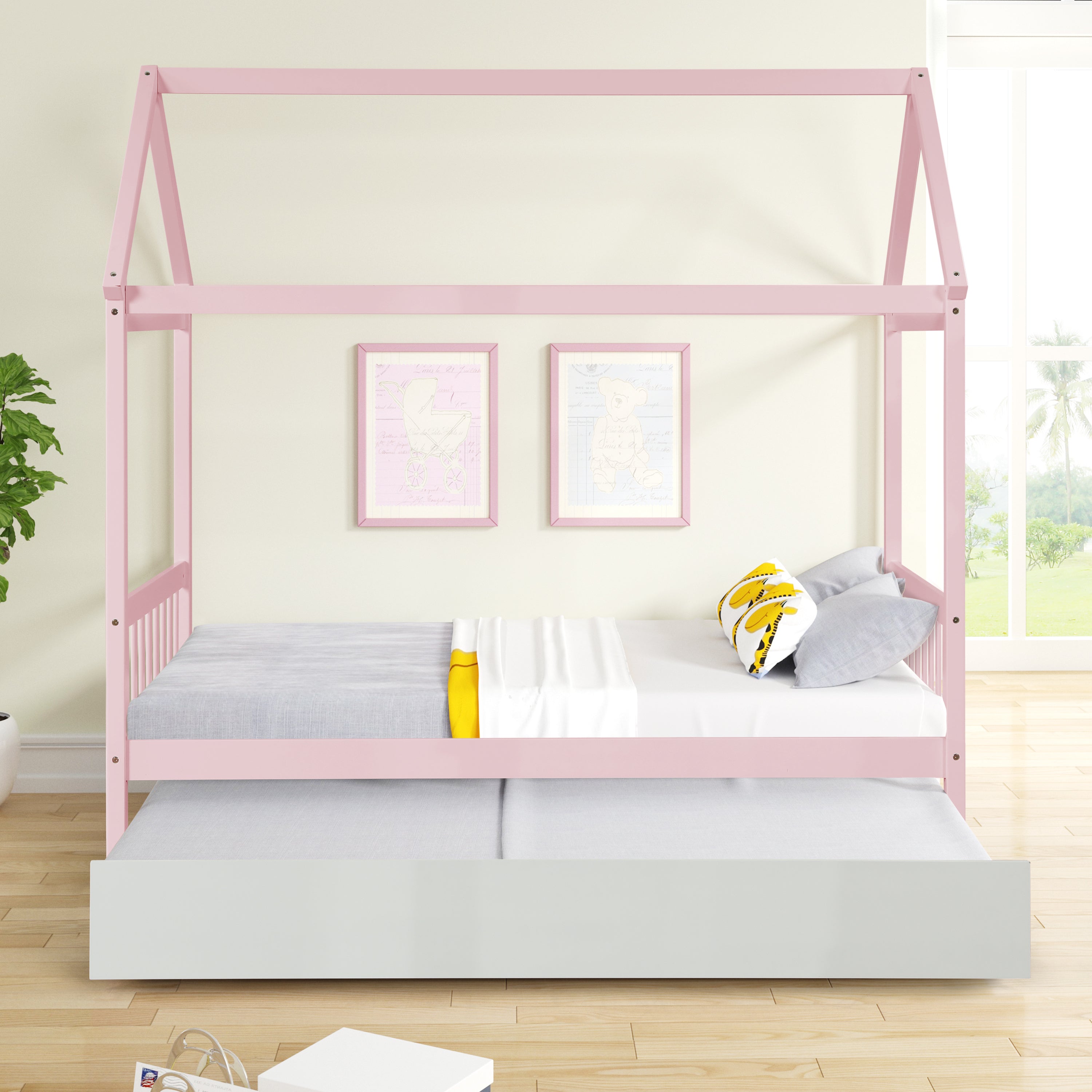 Solid Wood Twin House Bed Frame with Twin Size Trundle For Warm Pink Color, No Box Spring Needed