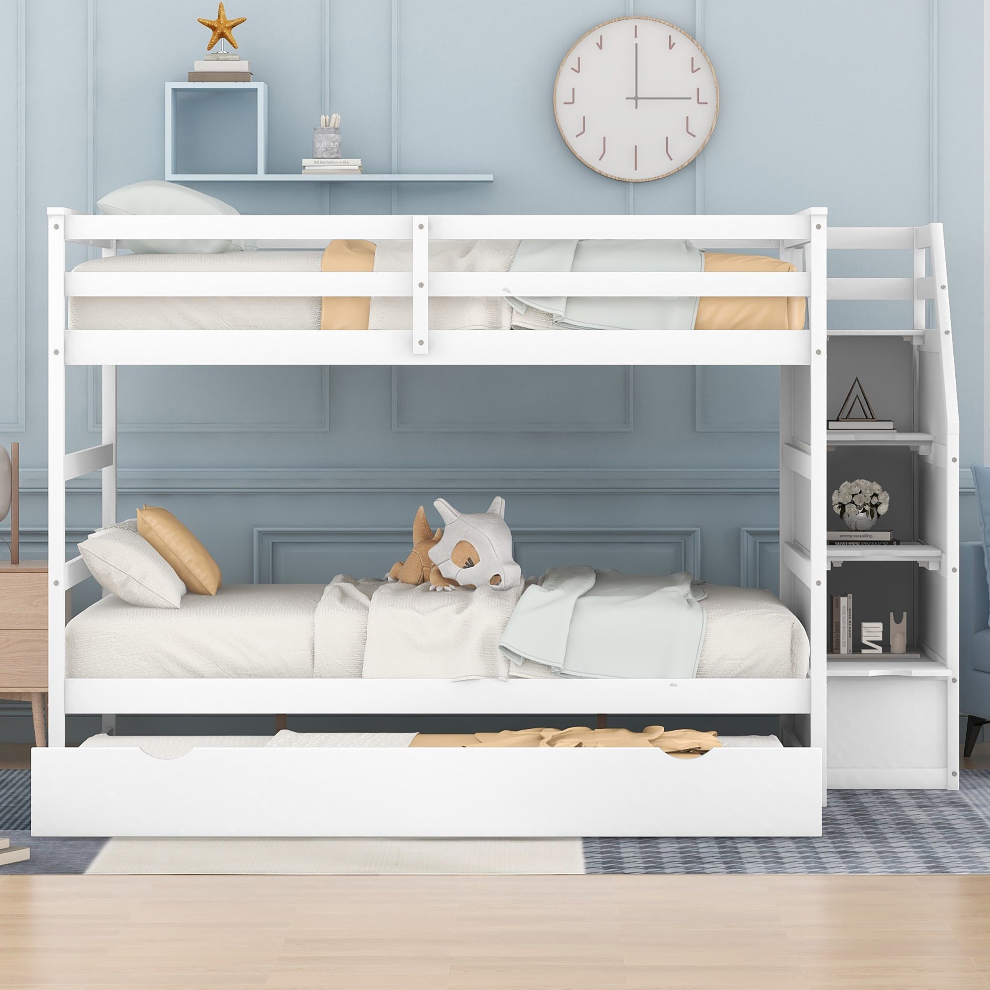 Full-over-Full Bunk Bed with Twin Size Trundle and 3 Storage Stairs,White