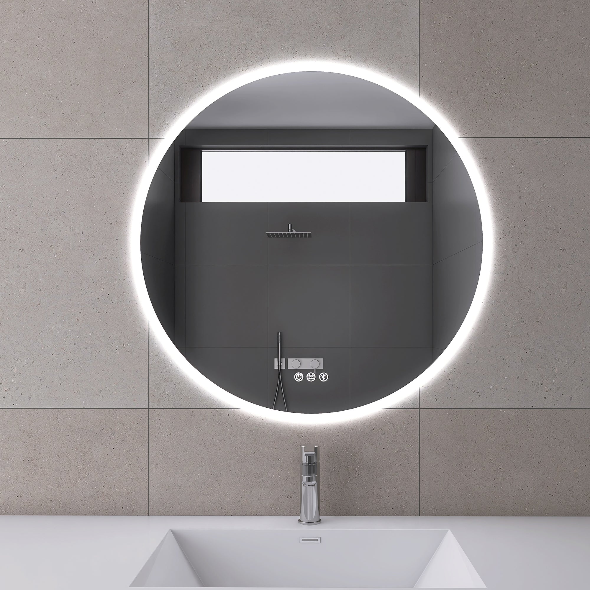 Round Wall-Mounted Dimmable LED Bathroom Vanity Mirror with Defogger and Bluetooth Music Speaker