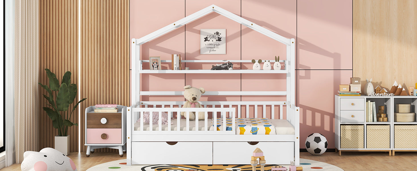 Wooden Twin Size House Bed with 2 Drawers,Kids Bed with Storage Shelf, White
