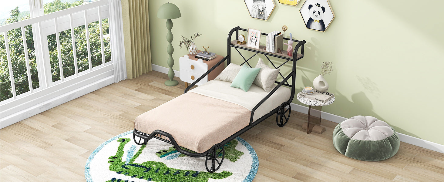 Twin Size Metal Car Bed with Four Wheels, Guardrails and  X-Shaped Frame Shelf, Black(Old SKU: MF297599AAB)