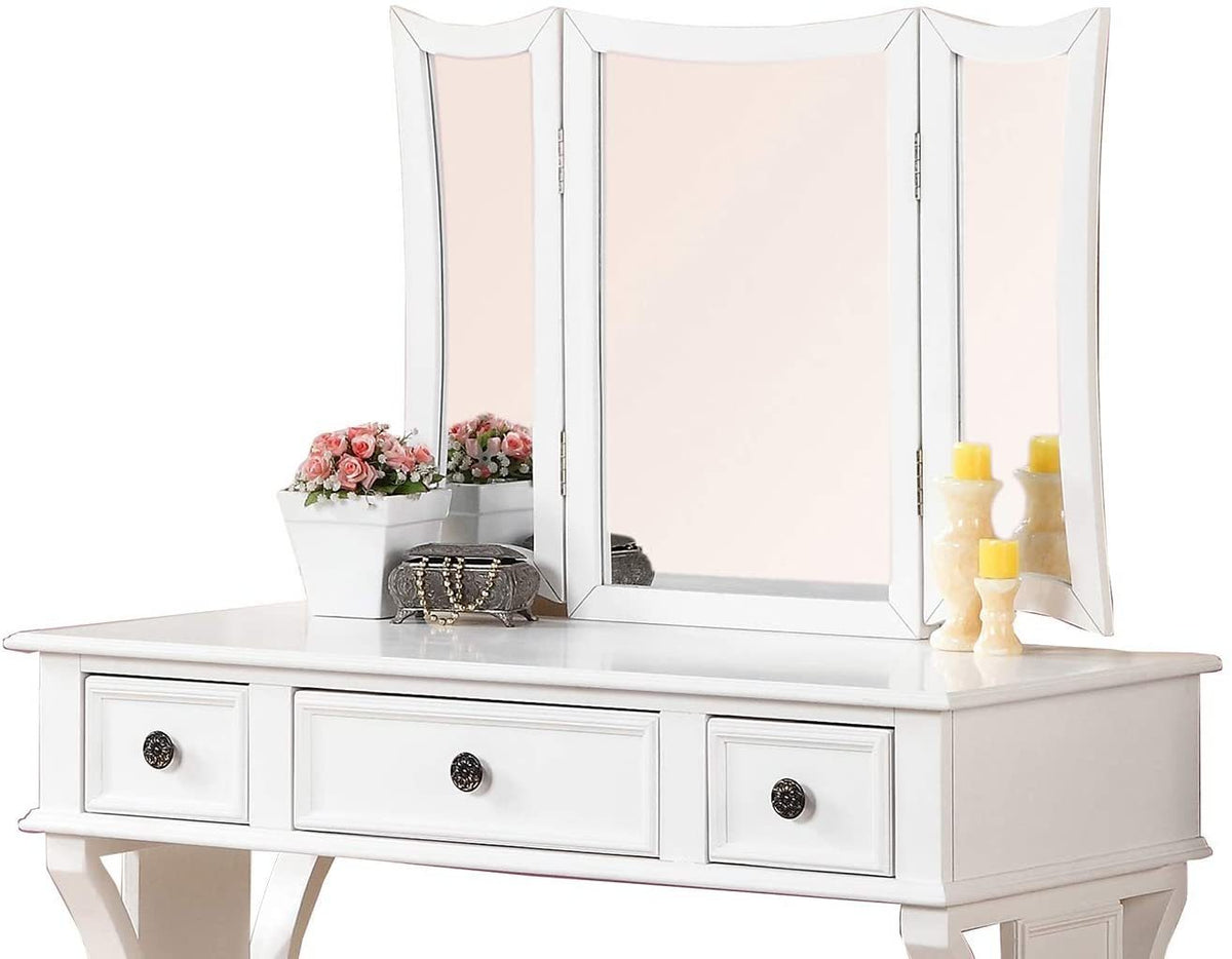 Unique Modern Bedroom Vanity Set w Stool Foldable Mirror Drawers White Color MDF Veneer 1pc Vanity Furniture