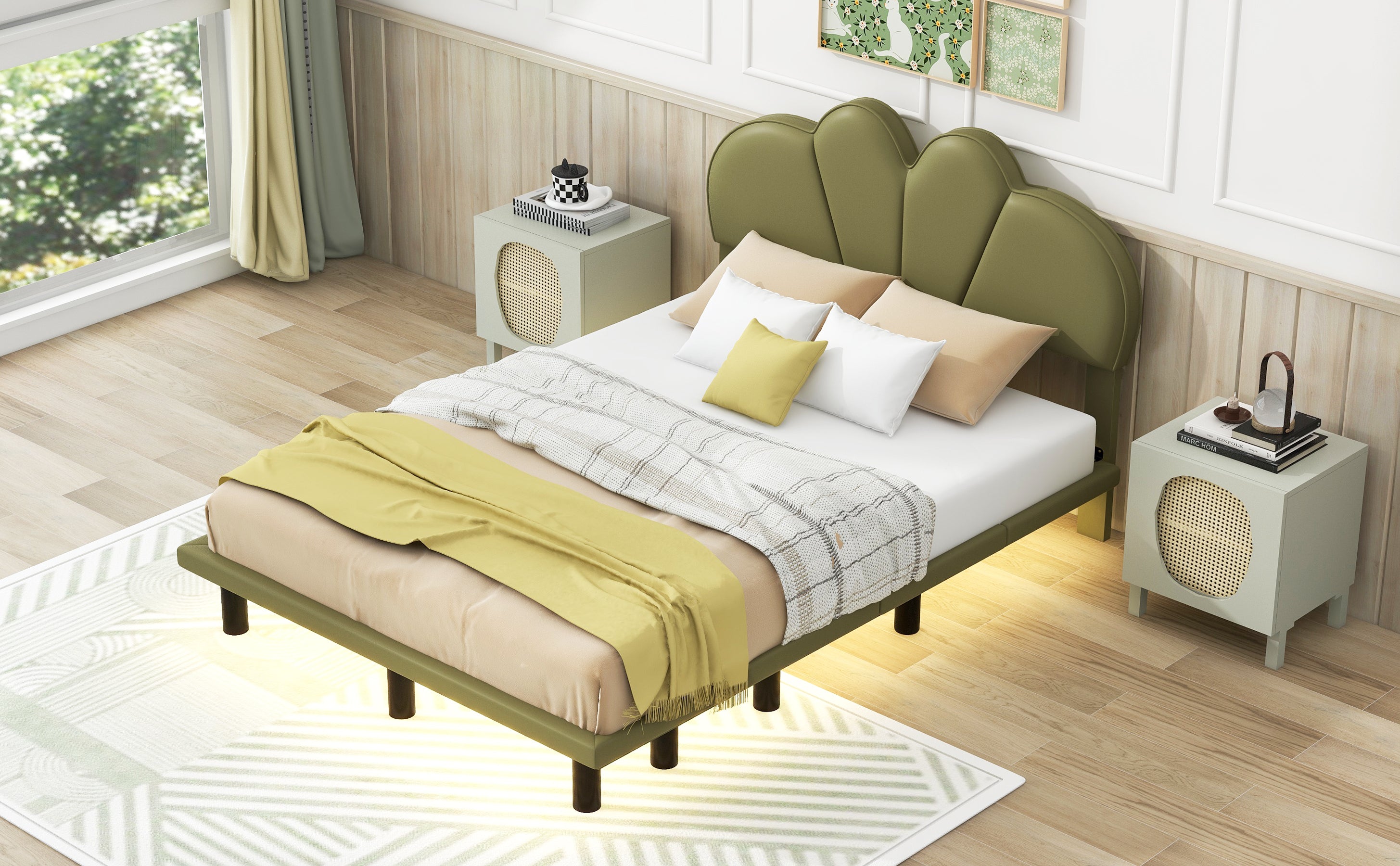Full Size Upholstery Platform Bed with PU Leather Headboard and Support Legs,Underbed LED Light,Green