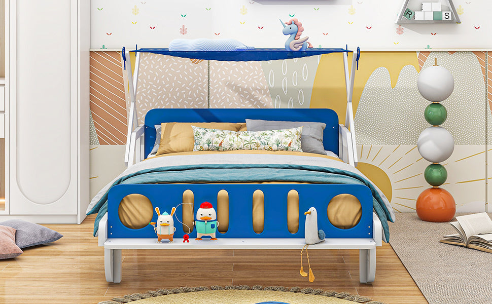 Wood Twin Size Car Bed with Ceiling Cloth, Headboard and Footboard, White+Blue