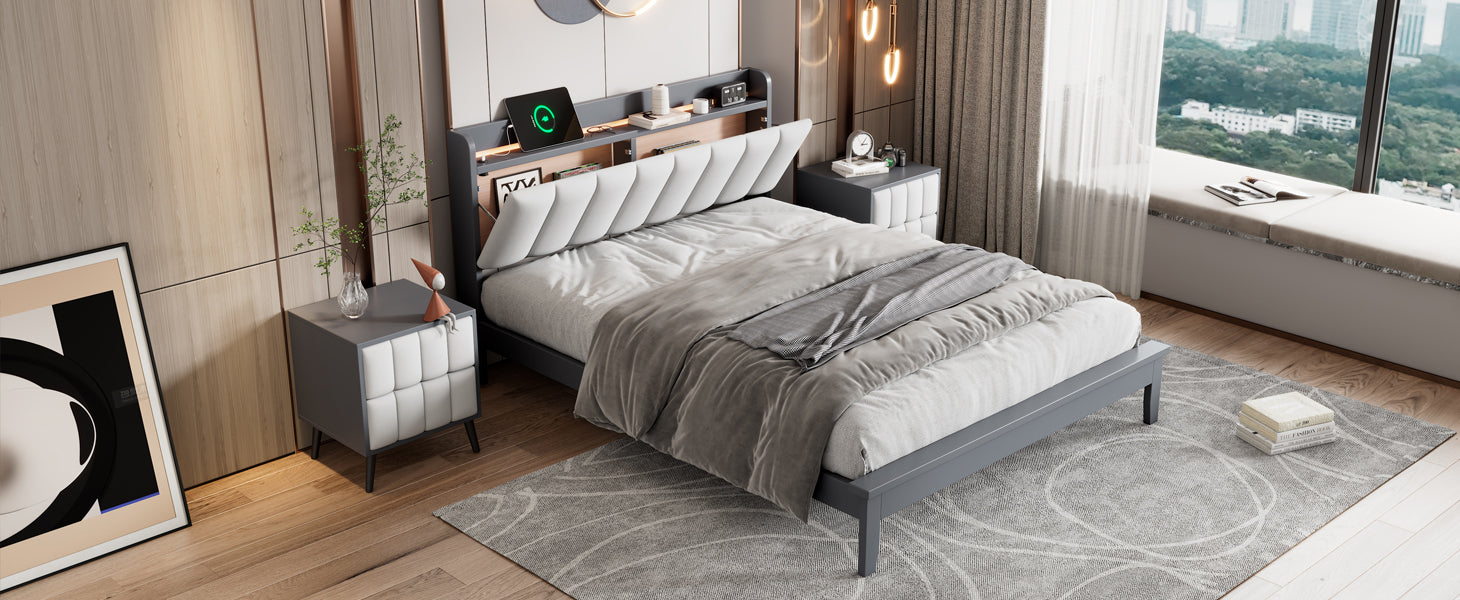 Full size Platform Bed with USB Charging Station and Storage Upholstered Headboard,LED Bed Frame,No Box Spring Needed,Gray+White