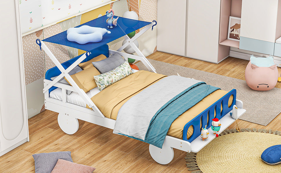 Wood Twin Size Car Bed with Ceiling Cloth, Headboard and Footboard, White+Blue