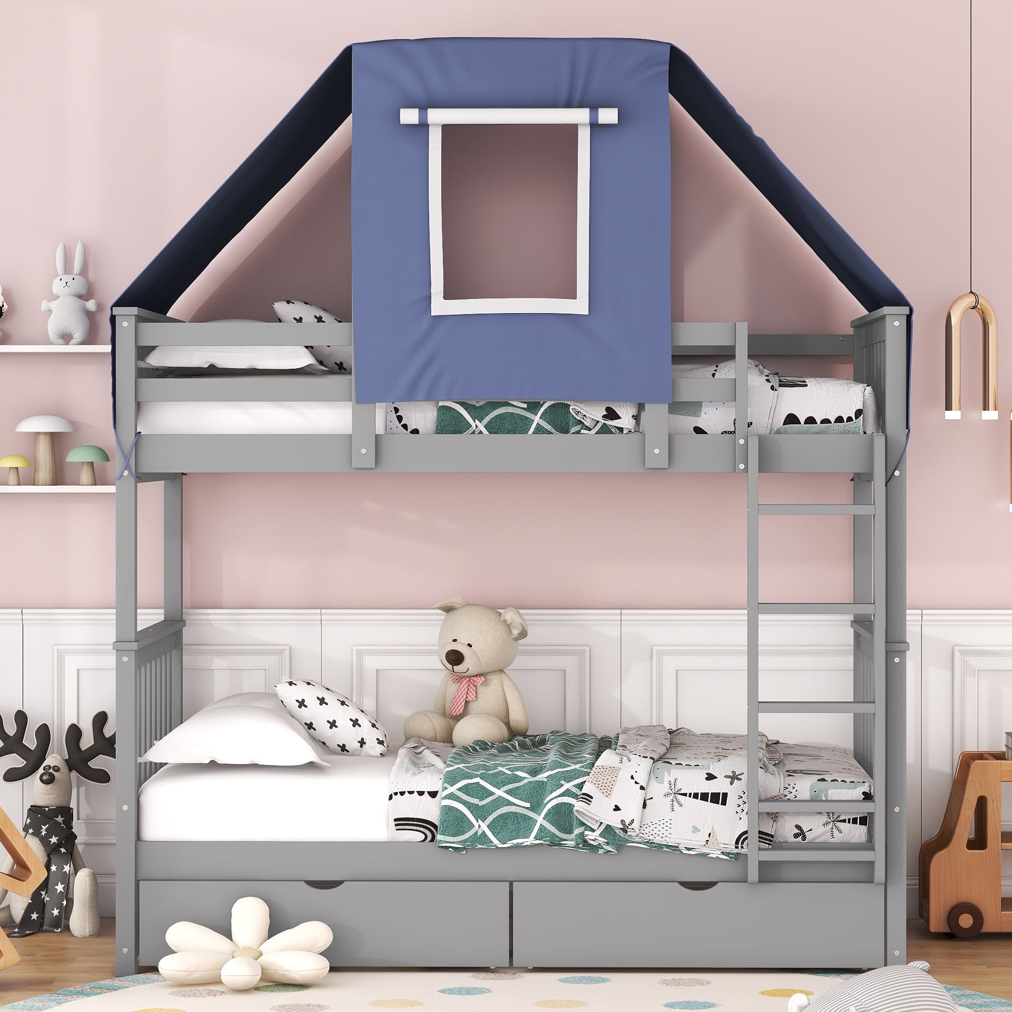 Twin Over Twin Bunk Bed Wood Bed with Tent and Drawers, Gray+Blue Tent