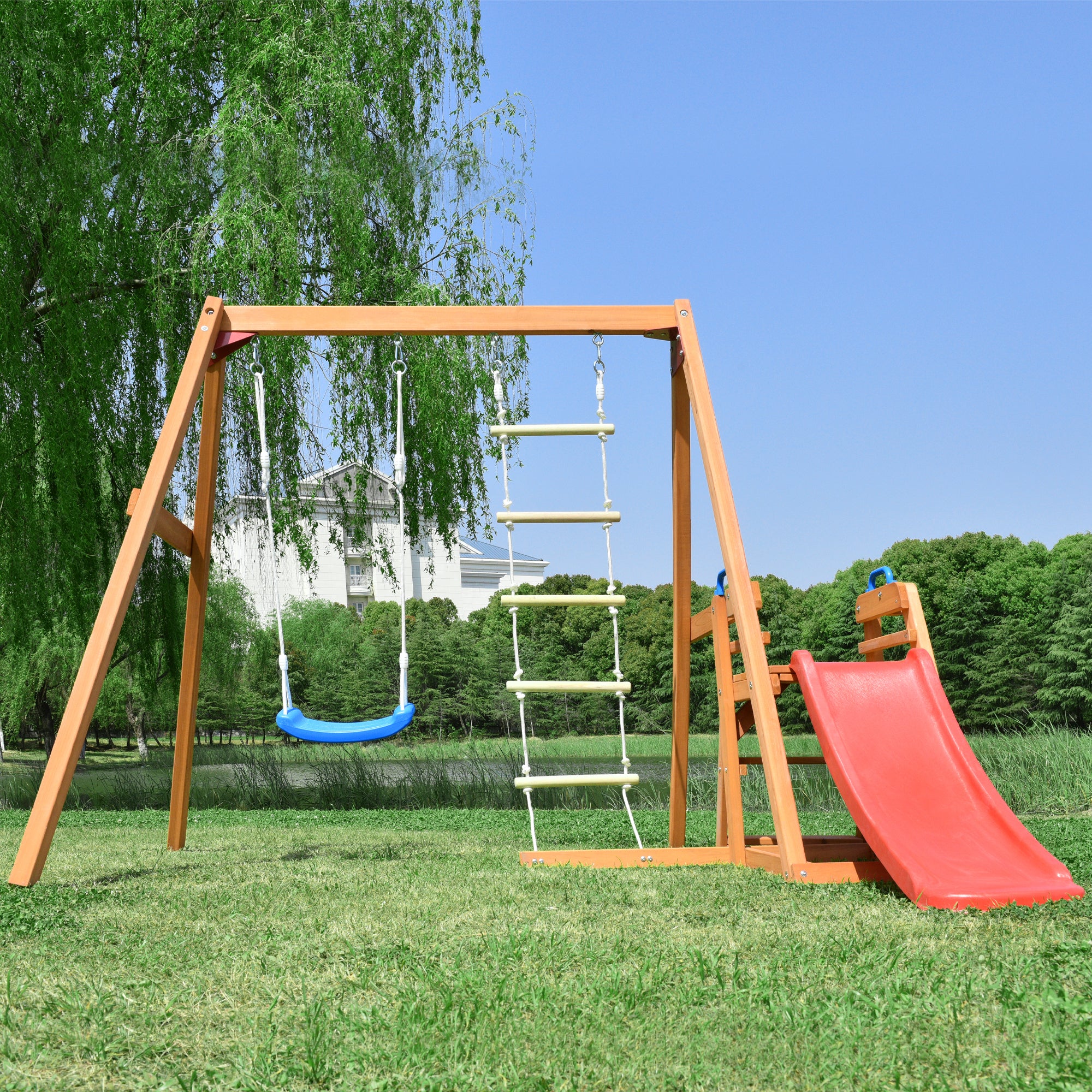 Wooden Swing-N-Slide Set: Ideal for Backyard Fun with Slide, Swings, and Climber. Toddler-Friendly and Easy to Assemble
