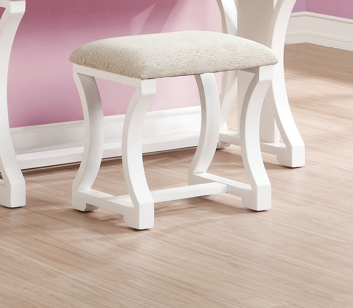 Unique Modern Bedroom Vanity Set w Stool Foldable Mirror Drawers White Color MDF Veneer 1pc Vanity Furniture