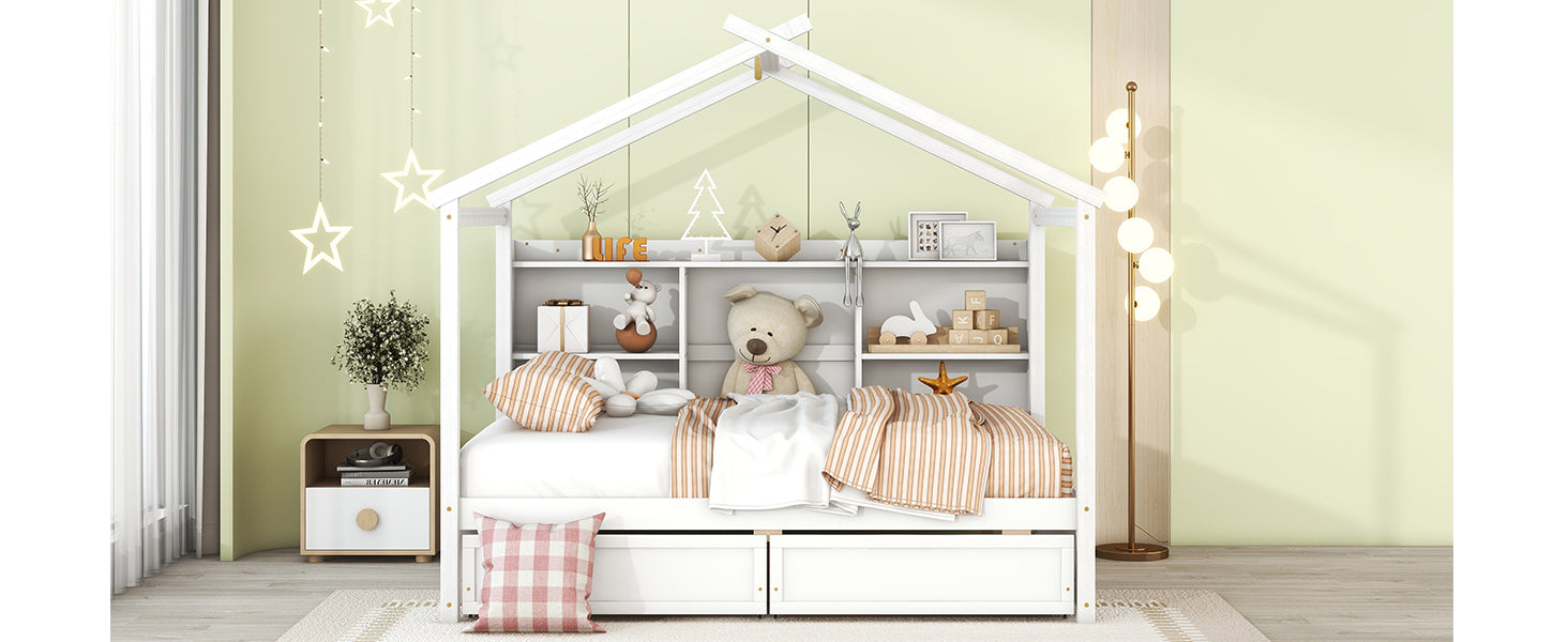 Full Size House Bed with Storage Shelves and 2 Drawers, Brushed White
