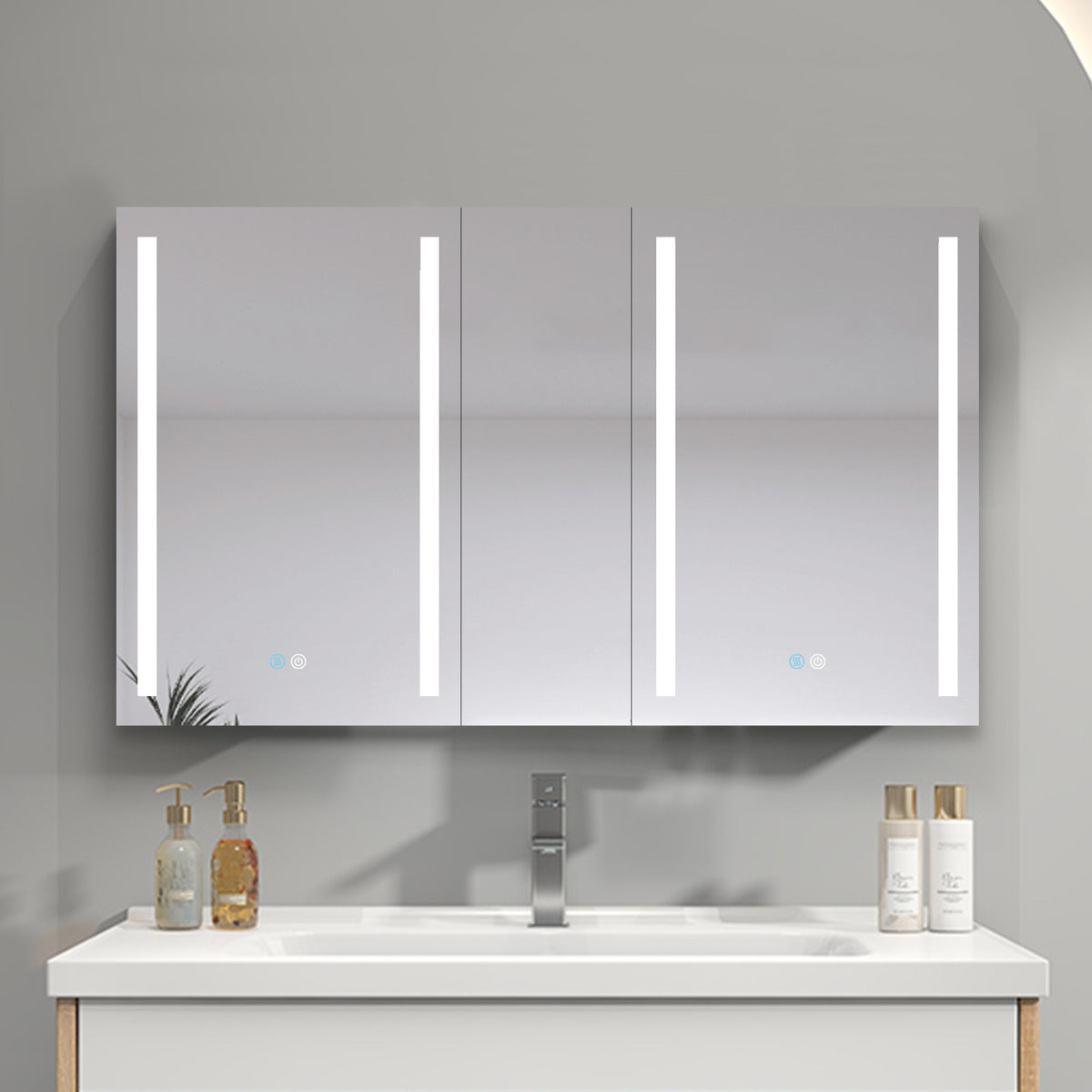 50x30 Inch LED Bathroom Medicine Cabinet Surface Mount Double Door Lighted Medicine Cabinet, Medicine Cabinets for Bathroom with Mirror Defogging, Dimmer White
