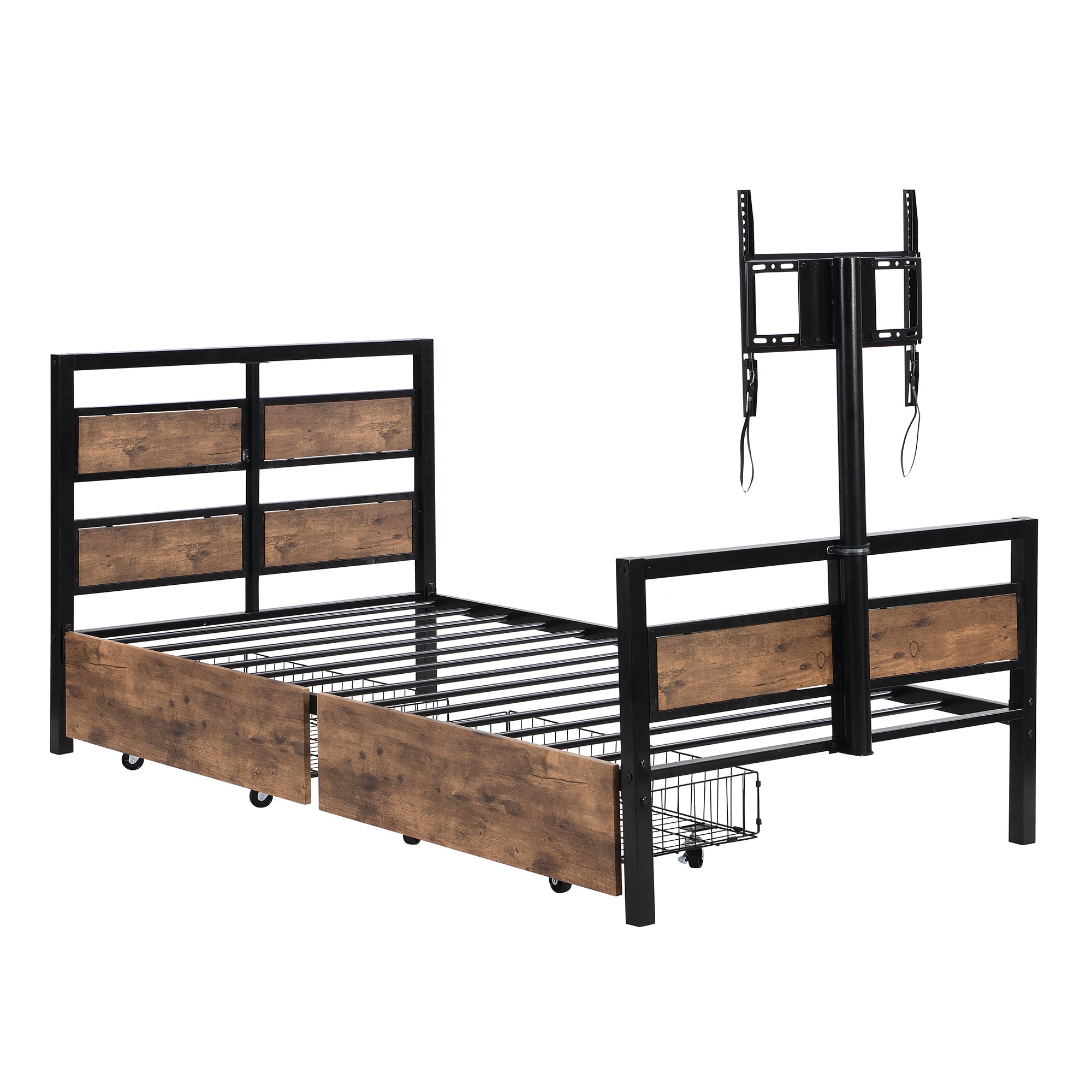 Twin Size Metal Platform Bed with MDF Headboard and Footboard,Two Storage Drawers and Rotatable TV Stand,Black