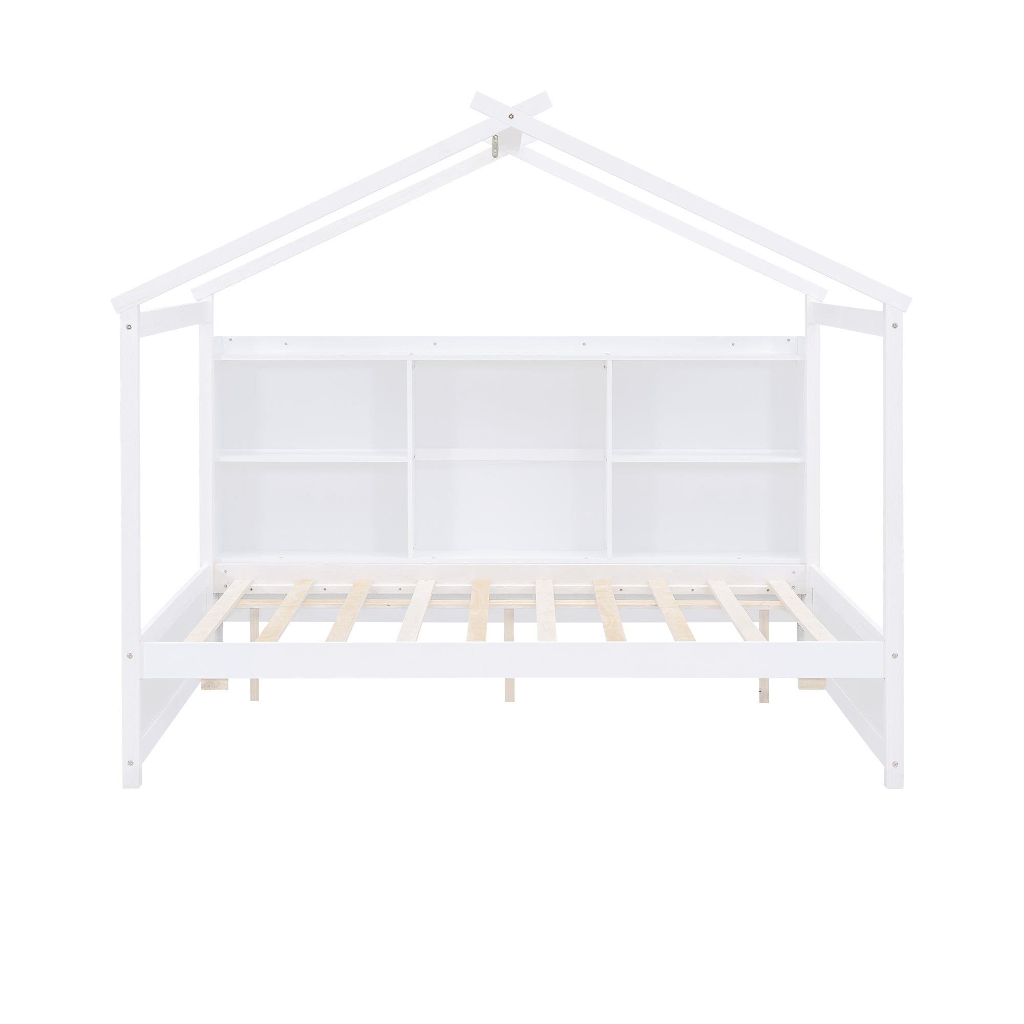 Full Size House Bed with Storage Shelves and Twin Size Trundle, Brushed White