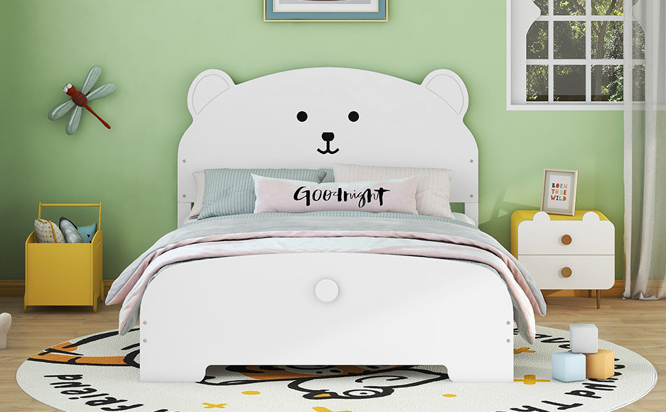 Full Size Wood Platform Bed with Bear-shaped Headboard and Footboard,White