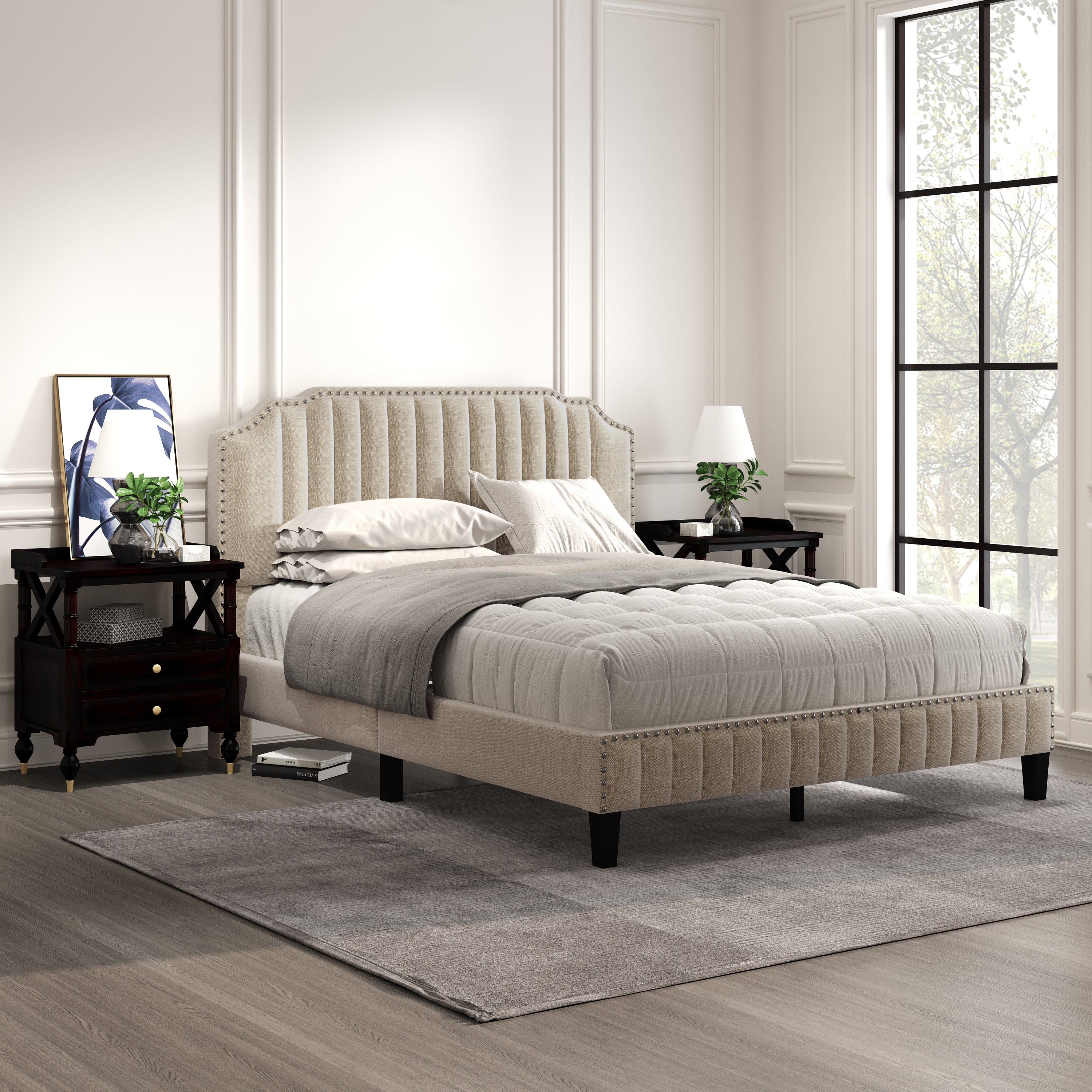3 Pieces Bedroom Set Modern Linen Curved Upholstered Beige Platform Full Bed with Two Black Cherry Nightstands