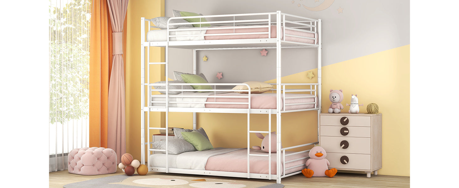 Full-Full-Full Metal  Triple Bed  with Built-in Ladder, Divided into Three Separate Beds,White(OLD SKU:LP000297AAK)