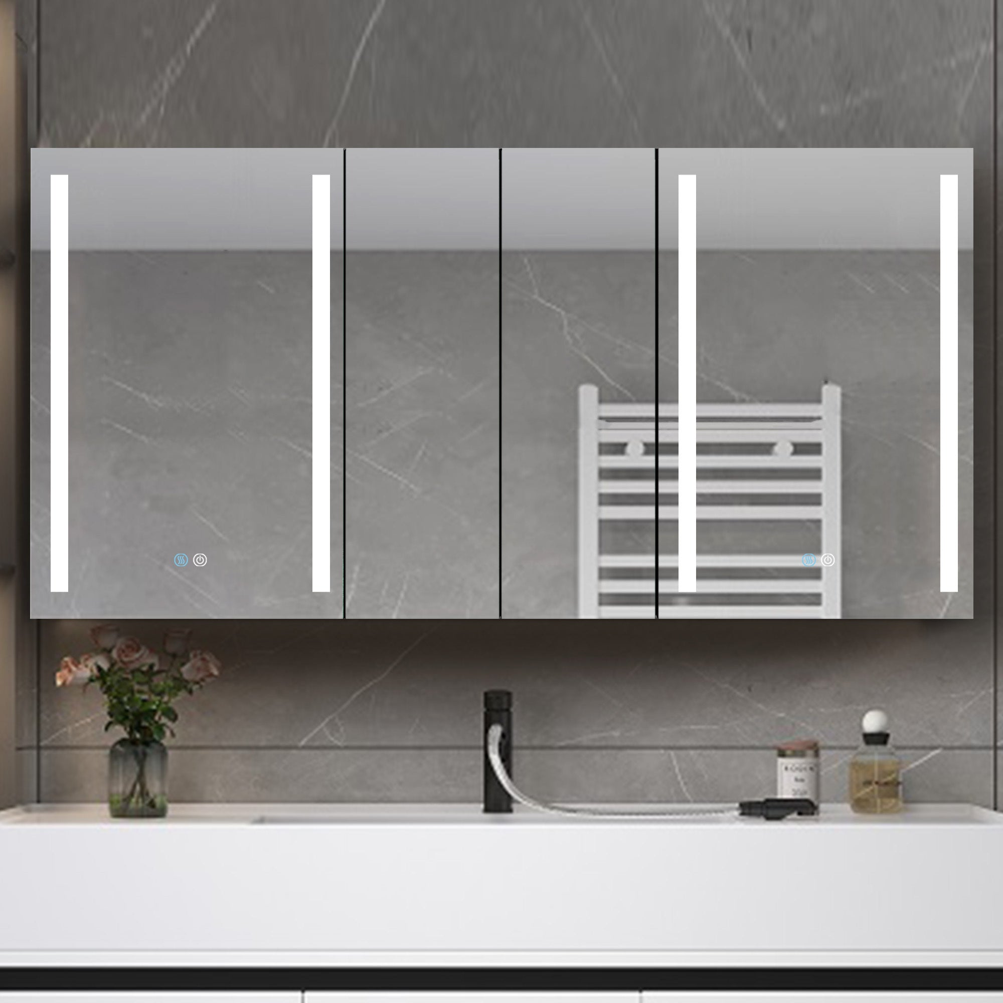 60x30 Inch LED Bathroom Medicine Cabinet Surface Mount Double Door Lighted Medicine Cabinet, Medicine Cabinets for Bathroom with Mirror Defogging, Dimmer White