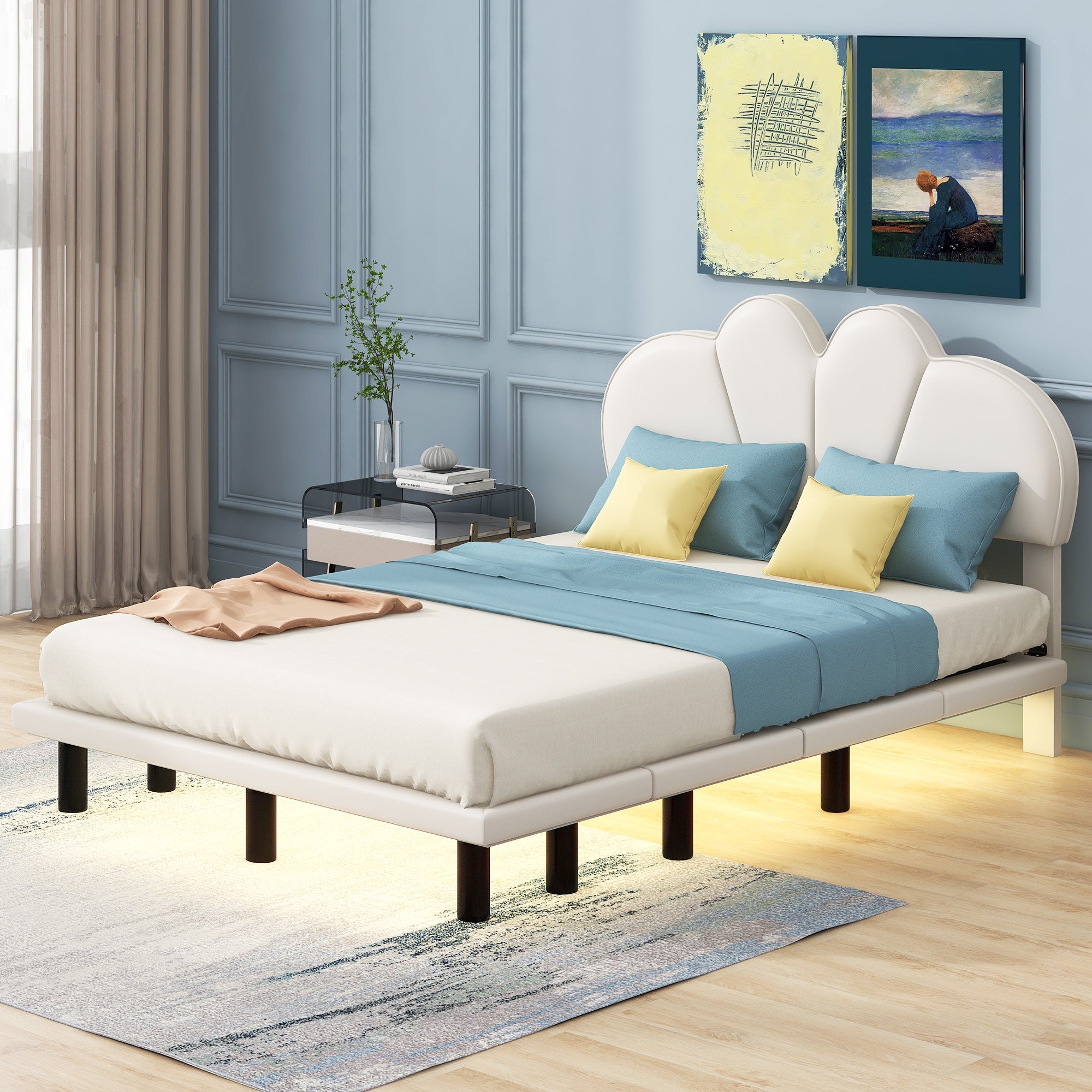 Full Size Upholstery Platform Bed with PU Leather Headboard and Support Legs,Underbed LED Light,Beige