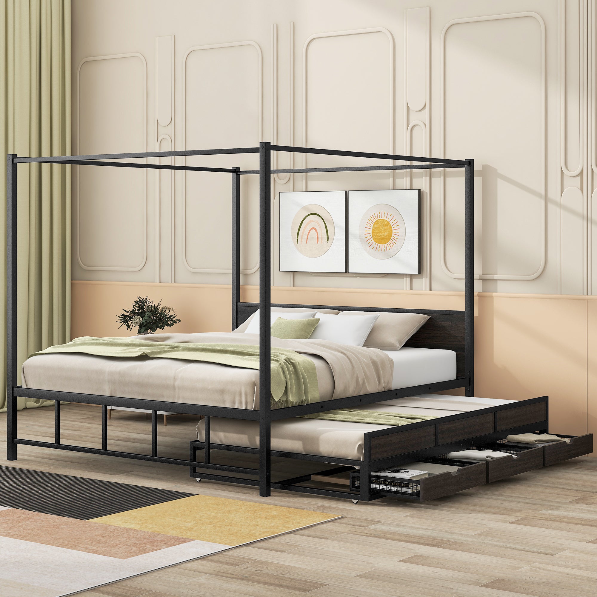Queen Size Metal Canopy Platform Bed with Twin Size Trundle and 3 Storage Drawers, Black