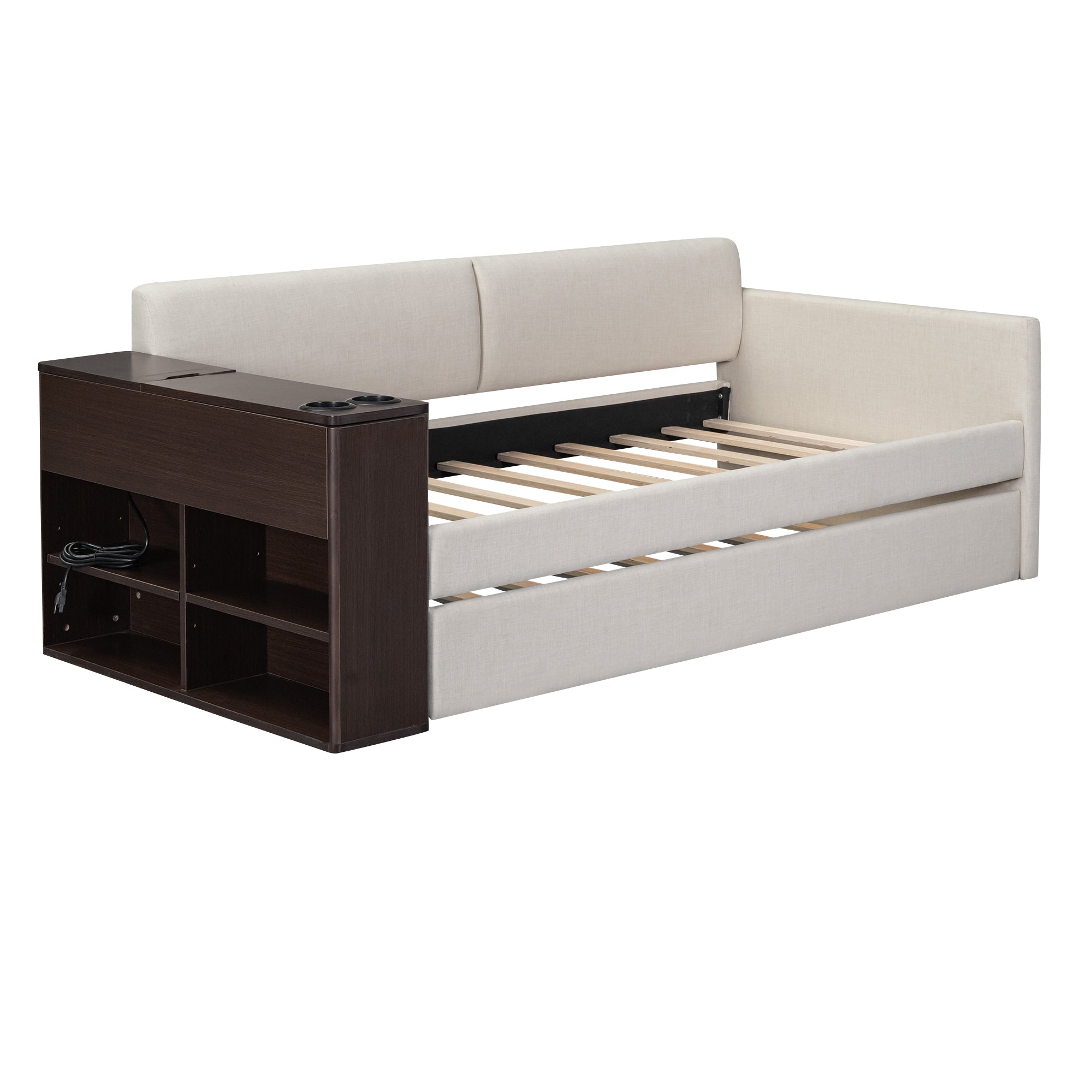 Twin Size Upholstery Daybed with Storage Arm, Trundle, Cup Holder and USB Design, Beige
