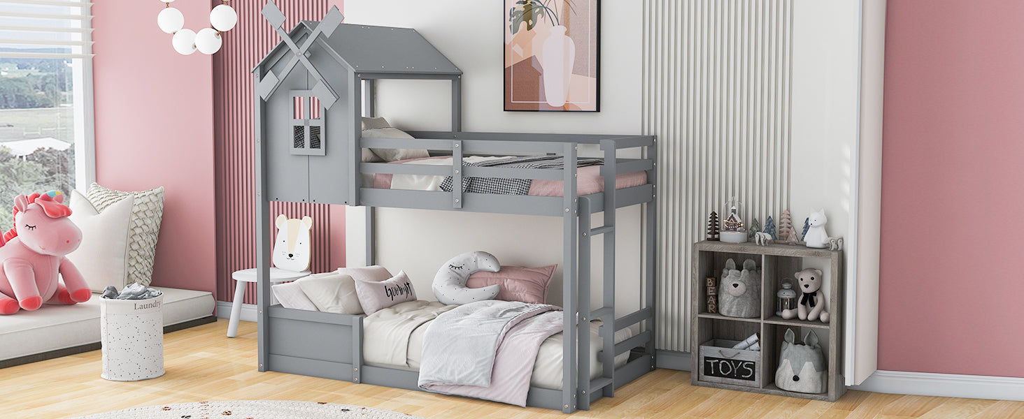Twin over Twin Bunk Bed with Roof and Window, with Guardrails and Ladder, Gray