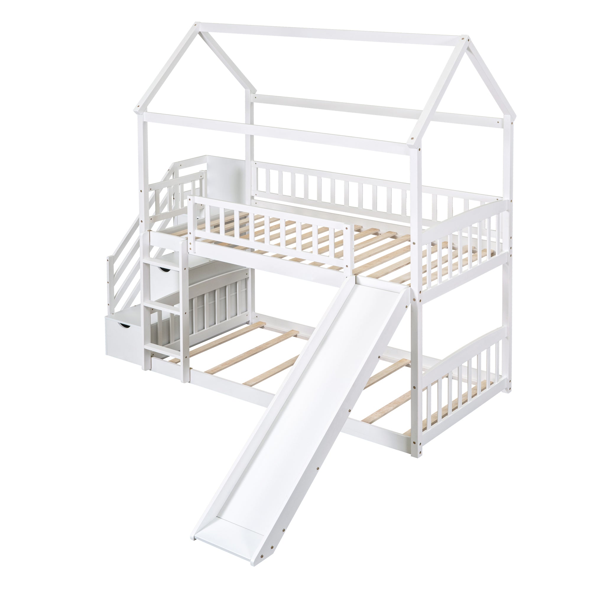 Twin Over Twin Bunk Bed with Drawers and Slide, House Bed with Slide,White(OLD SKU :LT000215AAK)