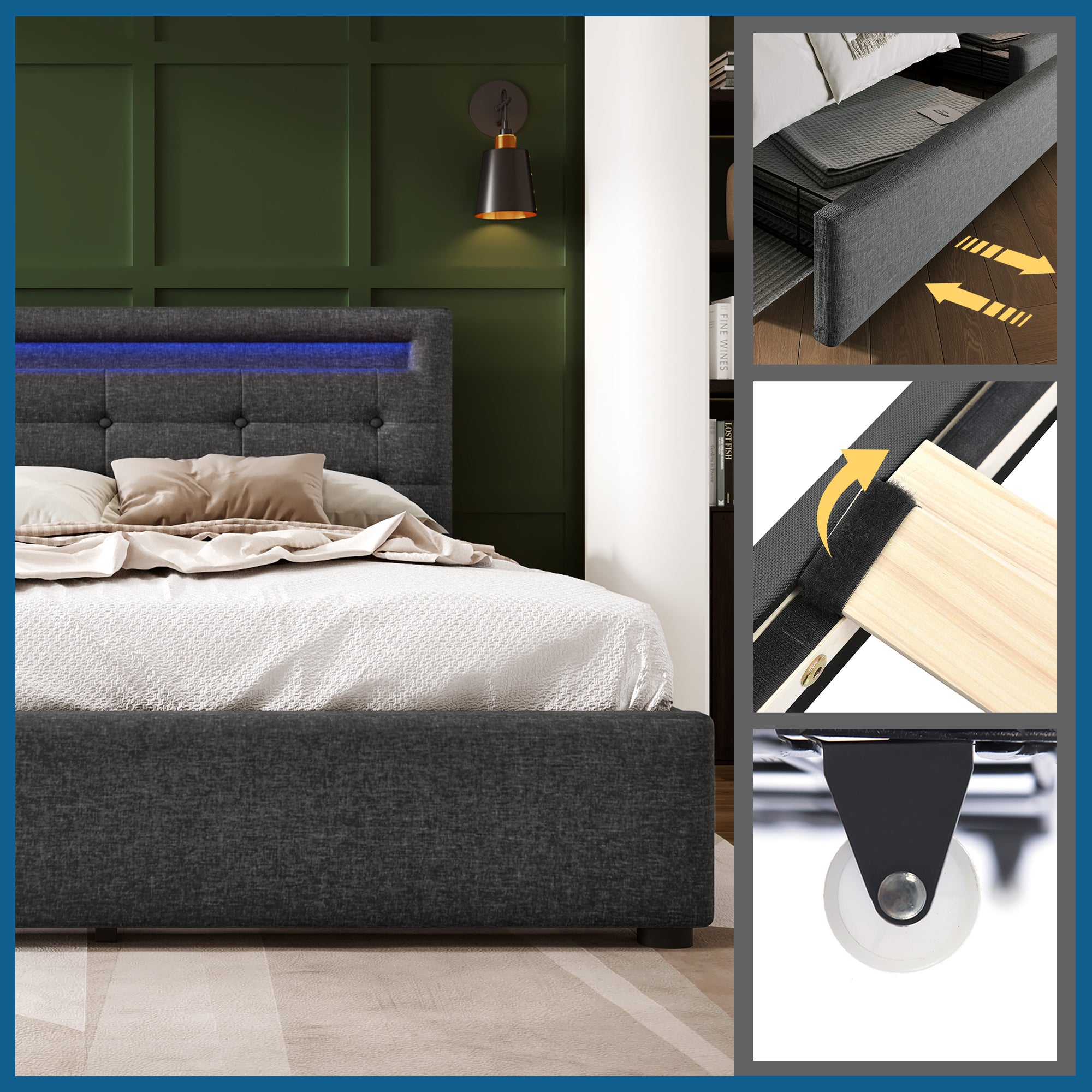 Bed Frame Full Size, Upholstered Platform Bed Frame with 4 Storage Drawers and LED Lights & Adjustable Headboard,No Box Spring Needed,Grey