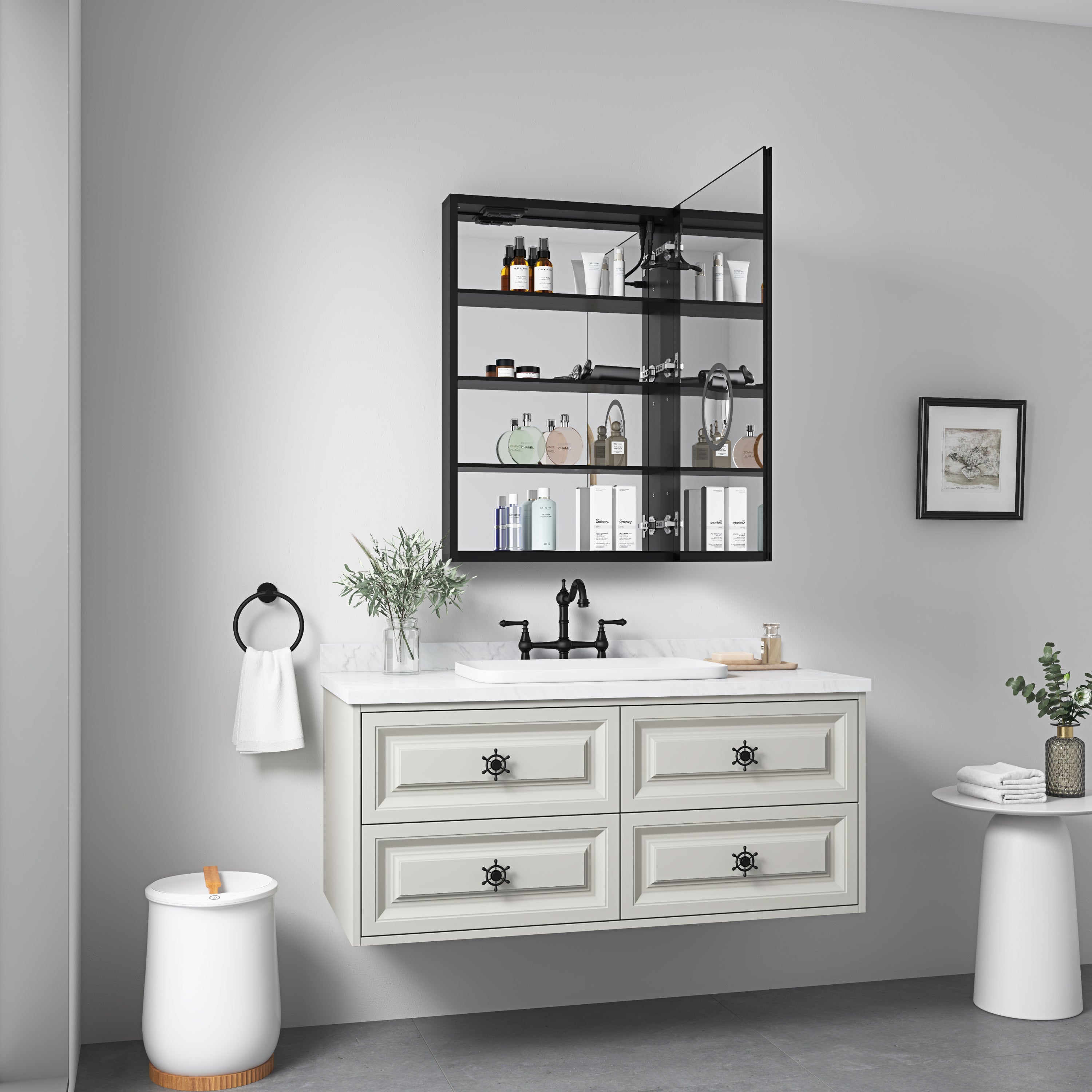 LED Lighted Bathroom Medicine Cabinet with Mirror, Surface Lighted Medicine Cabinet,Dimmable,Adjustable Shelves,Intelligent Switch Medicine Cabinet, Aluminum Frame,left opening door