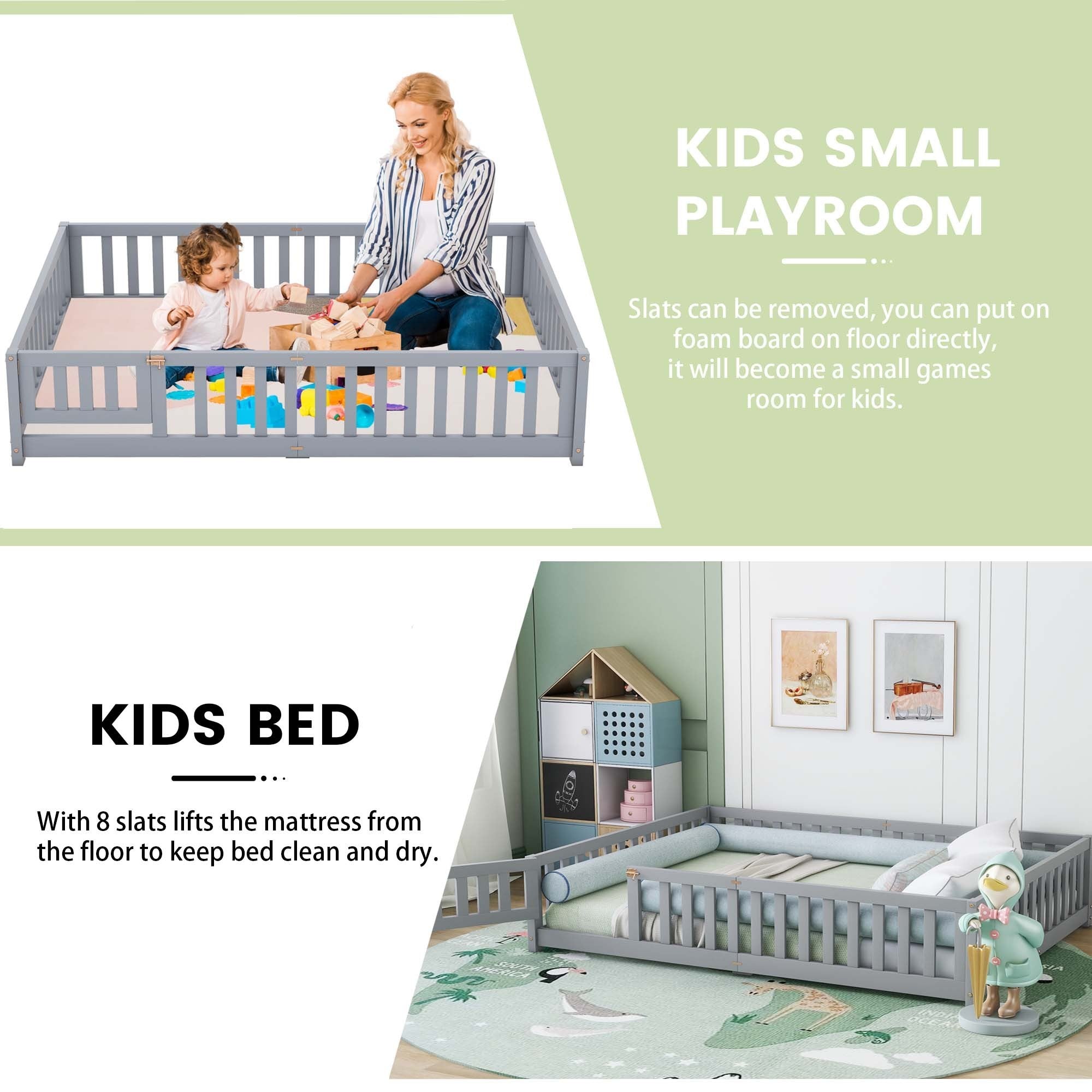 Queen Size Bed Floor Bed with Safety Guardrails and Door for Kids, Gray (Expect Arrival Date Nov.2nd)