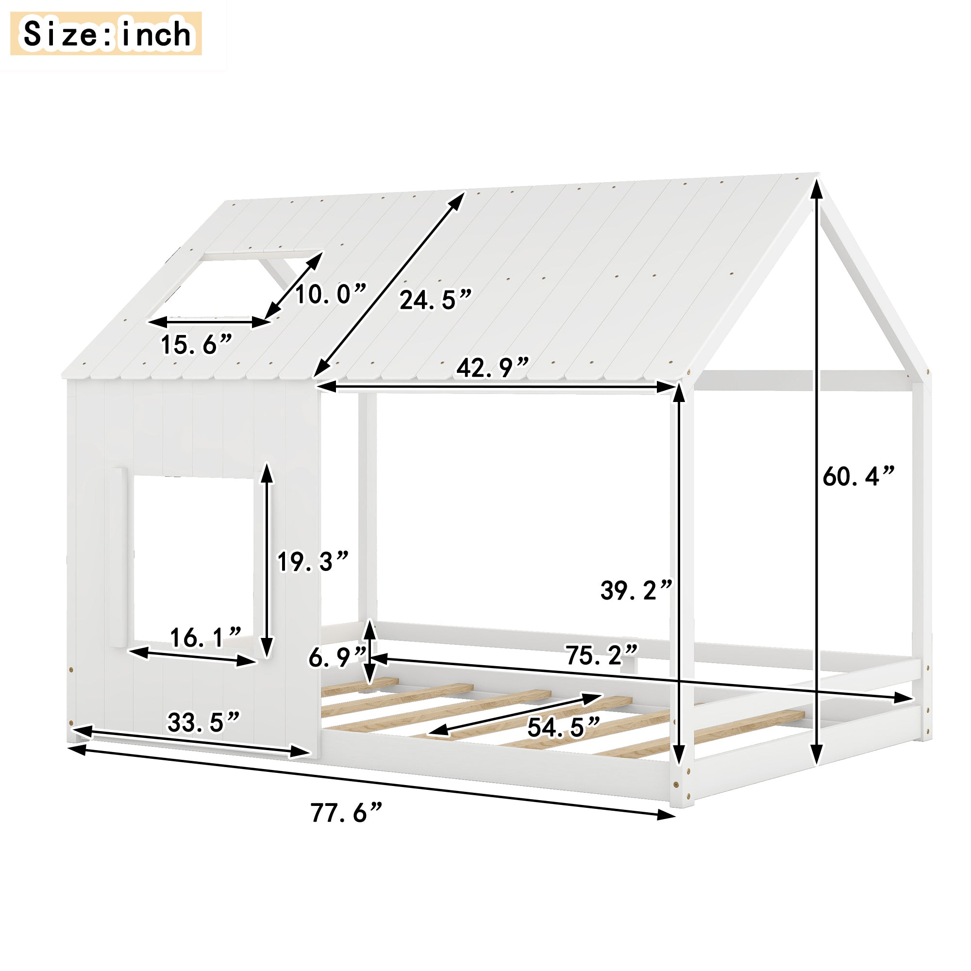 Full Size House Bed with Roof and Window - White