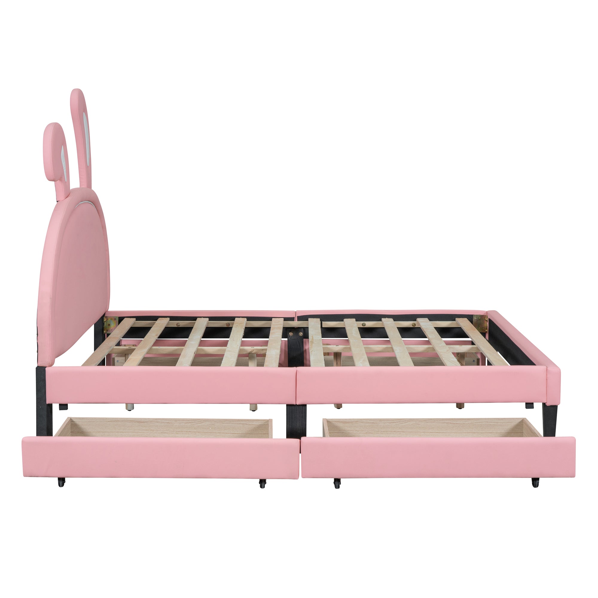 Full Size Upholstered Leather Platform Bed with Rabbit Ornament and 4 Drawers, Pink