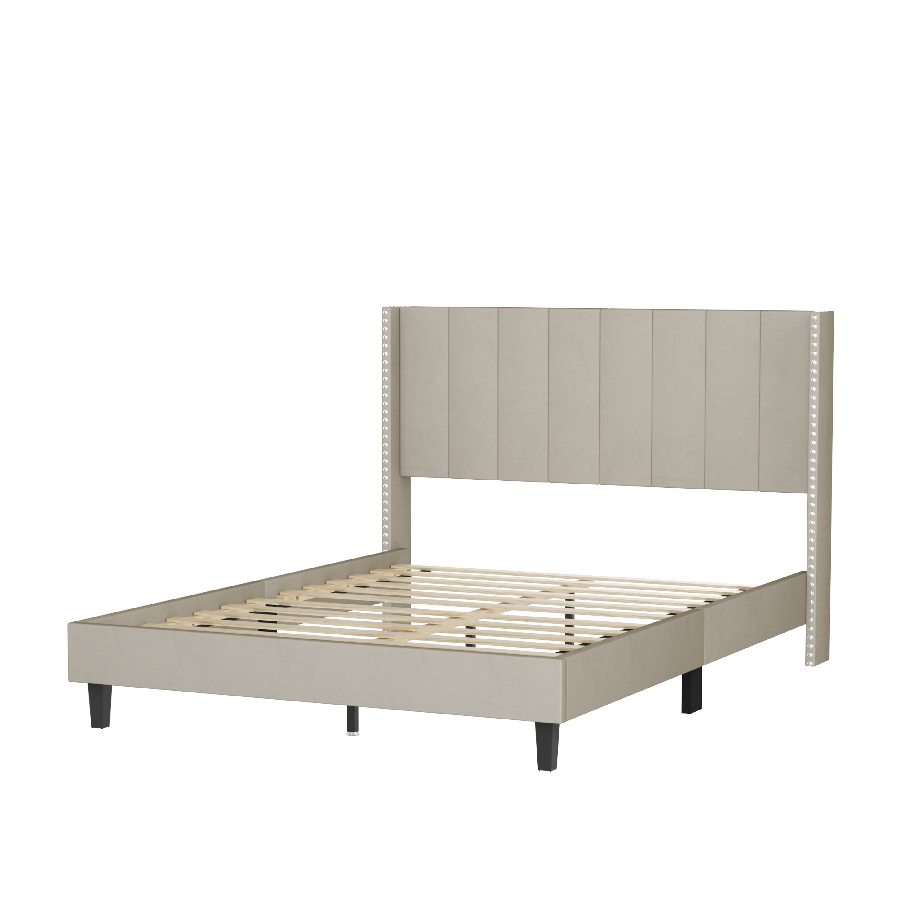 Queen Bed Frame/Velvet Upholstered Bed Frame with Vertical Channel Tufted Headboard Beige