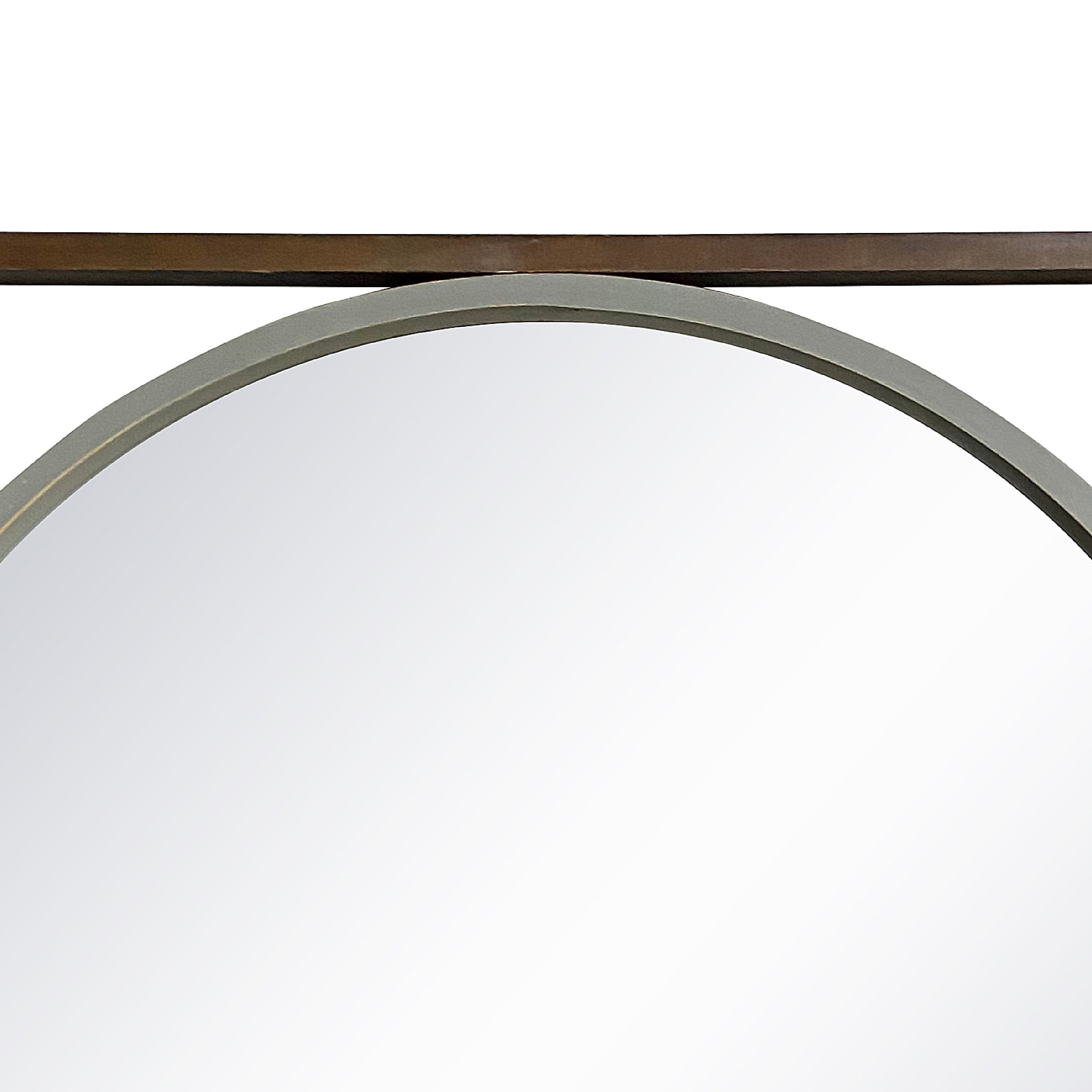 Round Wall Mirror with Rectangular Wooden Frame, Brown