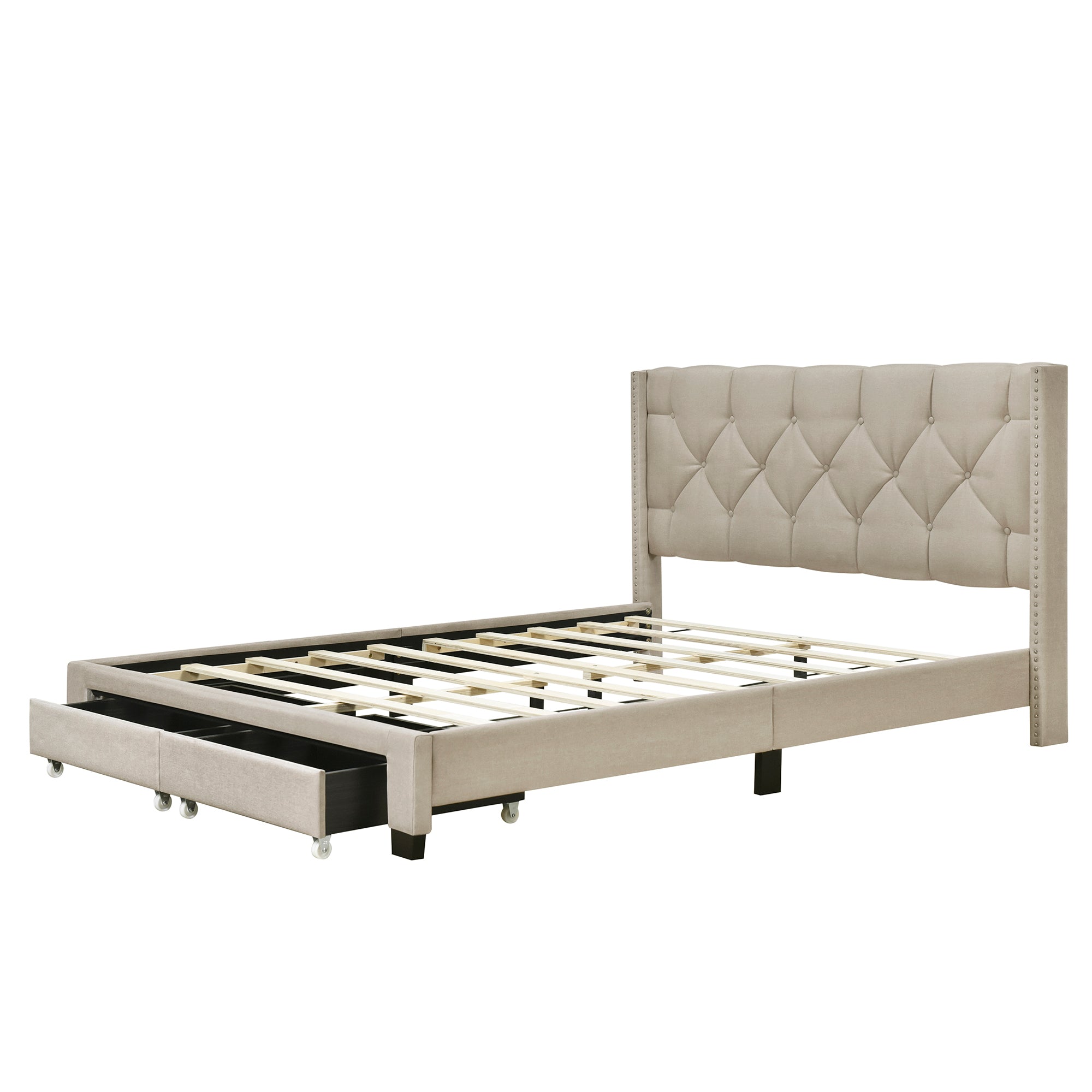 Queen Size Storage Bed Linen Upholstered Platform Bed with Two Drawers - Beige