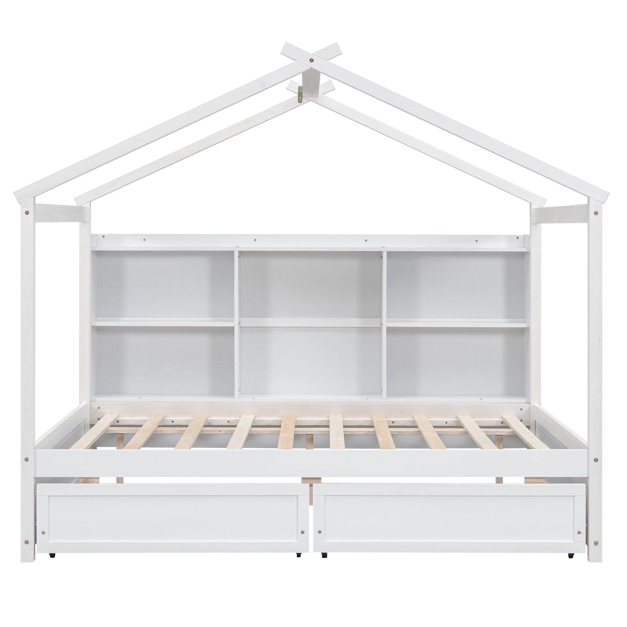 Full Size House Bed with Storage Shelves and 2 Drawers, Brushed White