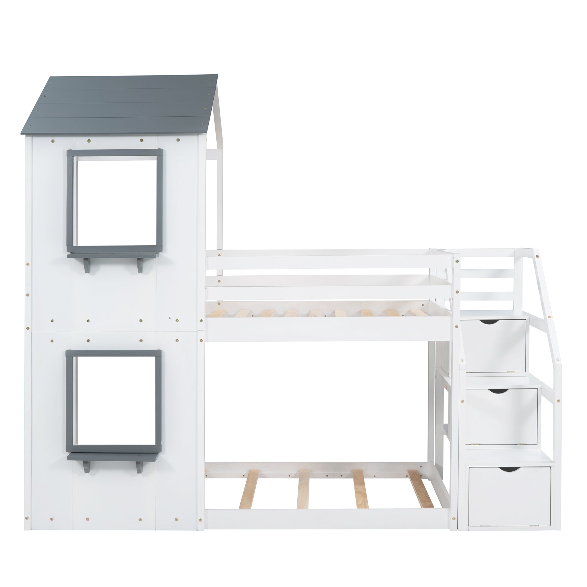 Twin Over Twin Bunk Bed with Storage Stairs,Wood Bed with Roof, Window, Guardrail, Ladder, White