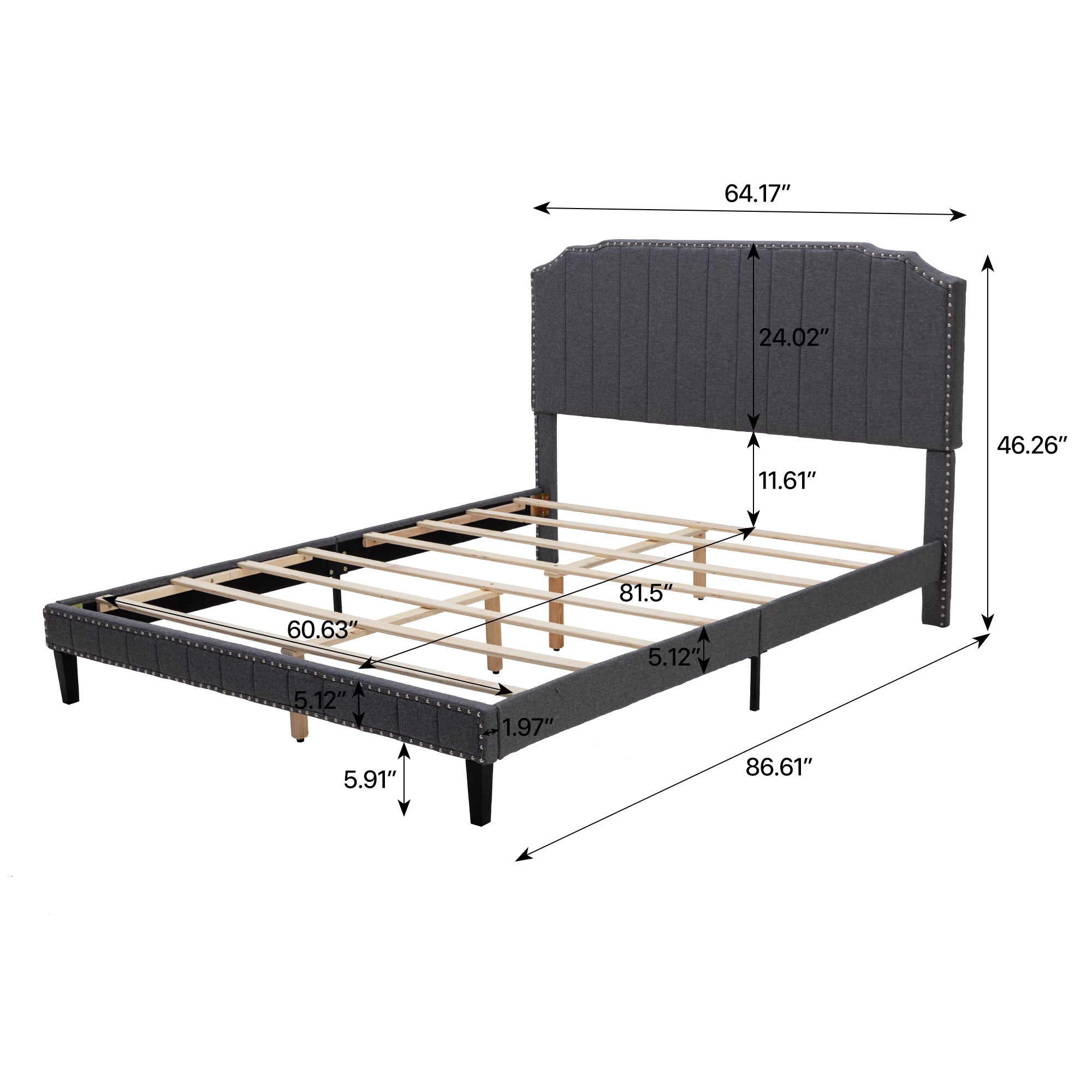 DongHeng Queen Size Bed with Headboard, Modern Linen Curved Upholstered Platform Bed , Solid Wood Frame , Nailhead Trim, Gray