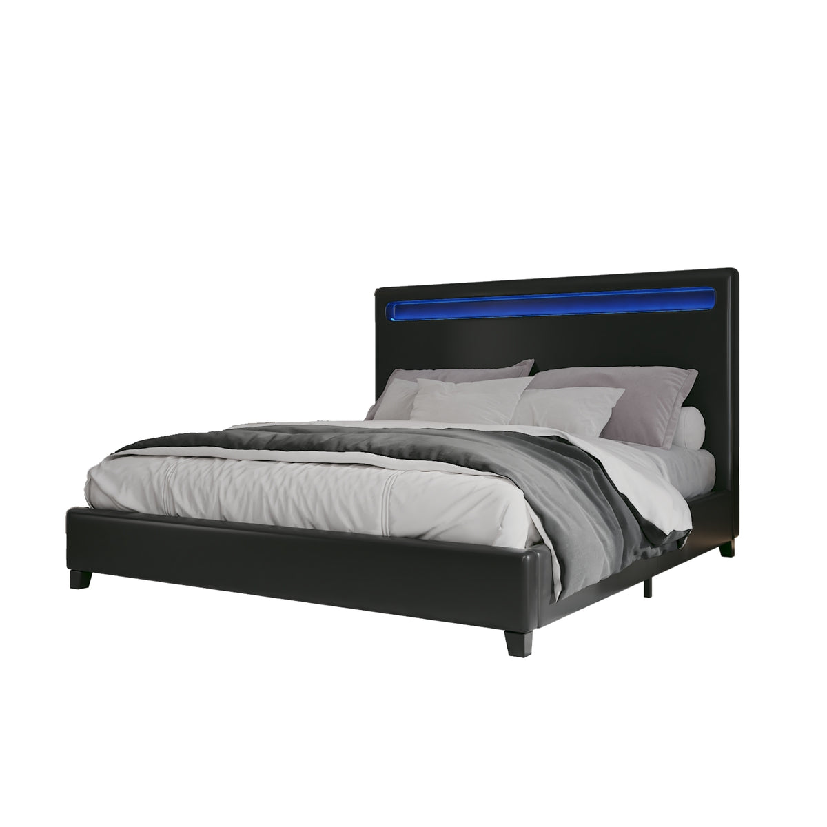 Queen Size Faux Leather Upholstered Platform Bed Frame with LED lighting, Wood Slat Support, No Box Spring Needed, Black