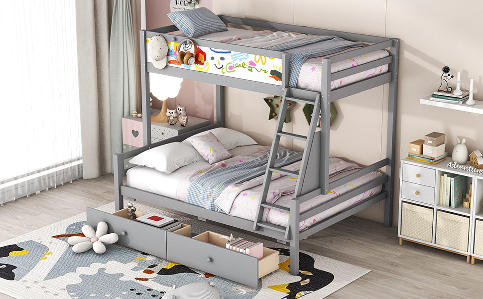 Wood Twin over Full Bunk Bed with Whiteboard, 3 Hooks and 2 Drawers, Grey