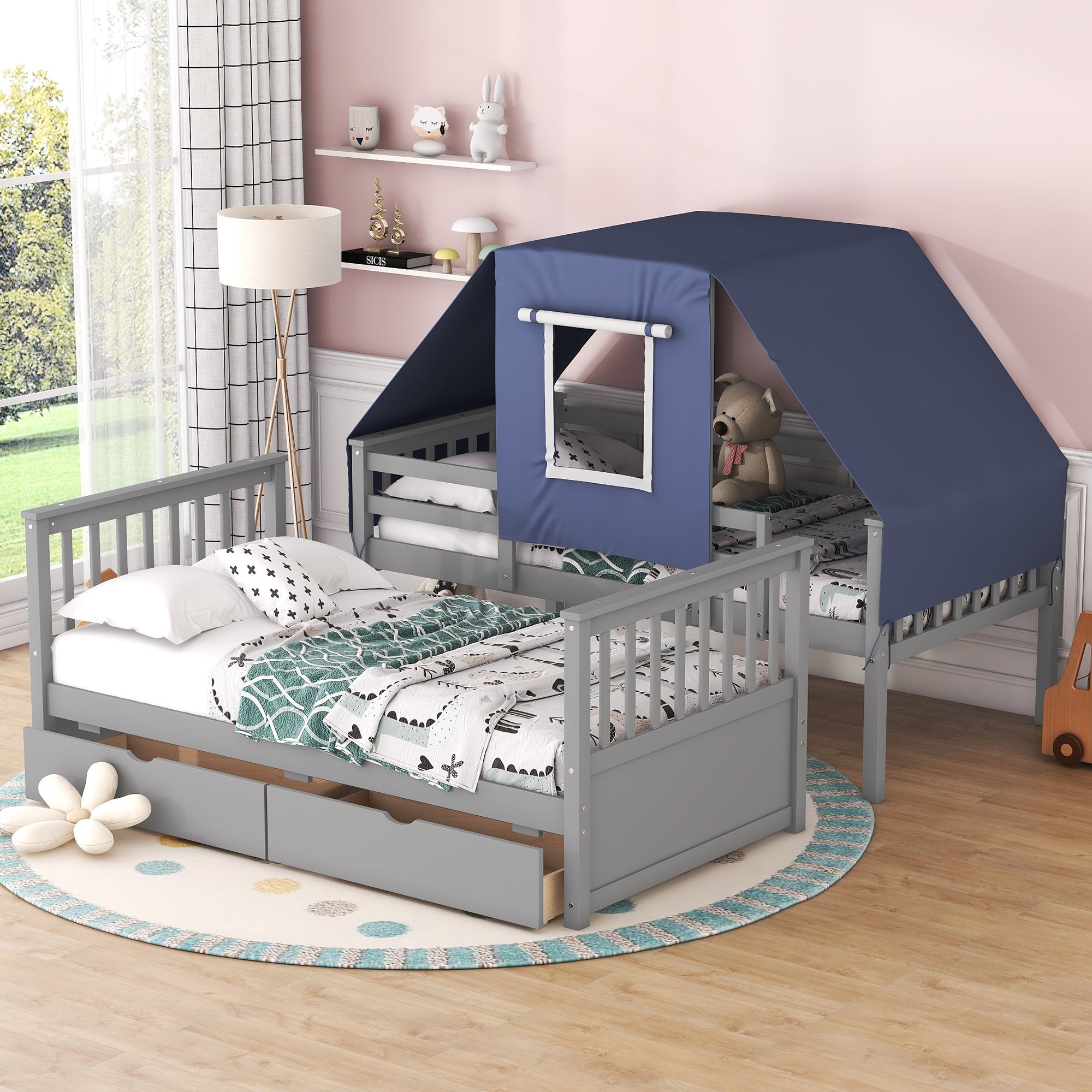 Twin Over Twin Bunk Bed Wood Bed with Tent and Drawers, Gray+Blue Tent