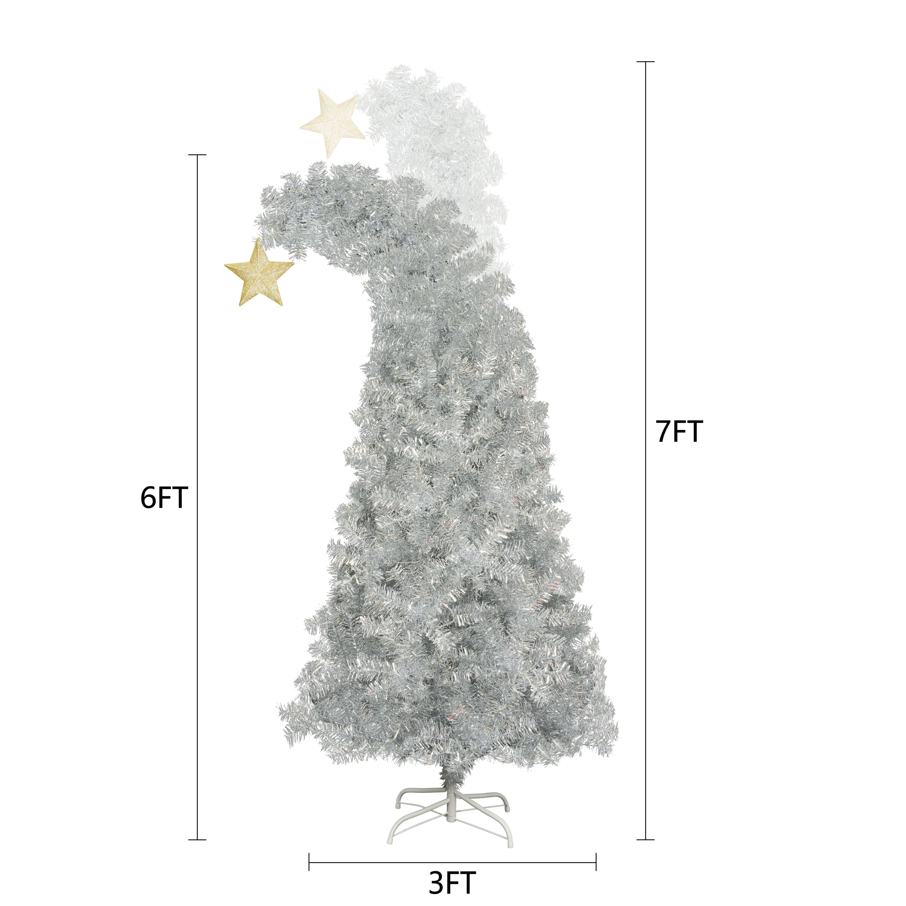 6 FT Fir Bent Top Christmas Tree, Artificial Christmas Tree With Gold Star, 900 Silver Branch Tips, 300 Colorful LED Lights With 8 Flashing Ways
