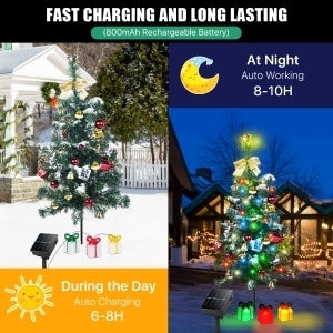 Solar Mini Christmas Tree Light Outdoor Decoration, 30 Inch Solar Tree Lights with 30 LED 8 Flashing Modes Decorated Prelit Gift Boxes & Ornaments for Pathway Patio Yard Garden Cemetery, 2PCS