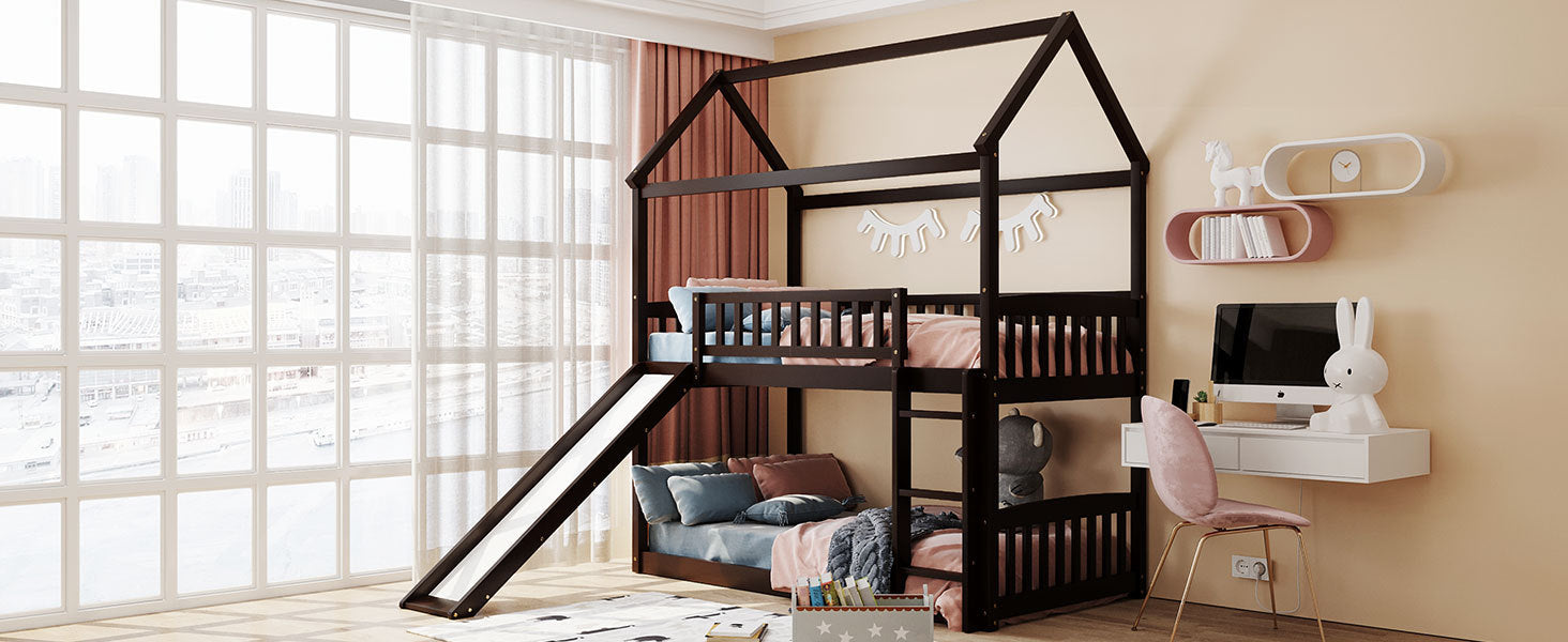 Twin Over Twin Bunk Bed with Slide, House Bed with Slide, Espresso(OLD SKU: LT000213AAP)