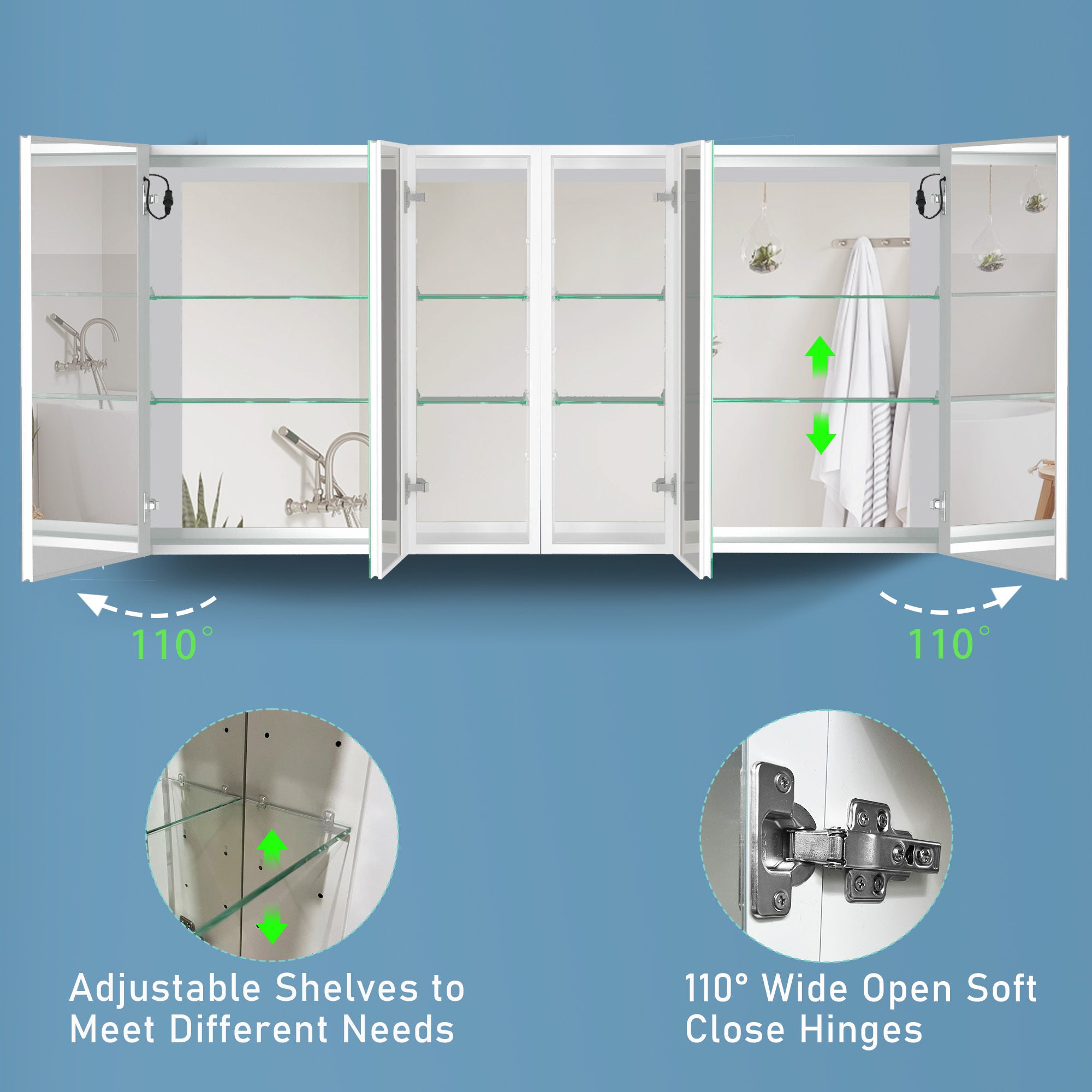 60x30 Inch LED Bathroom Medicine Cabinet Surface Mount Double Door Lighted Medicine Cabinet, Medicine Cabinets for Bathroom with Mirror Defogging, Dimmer White