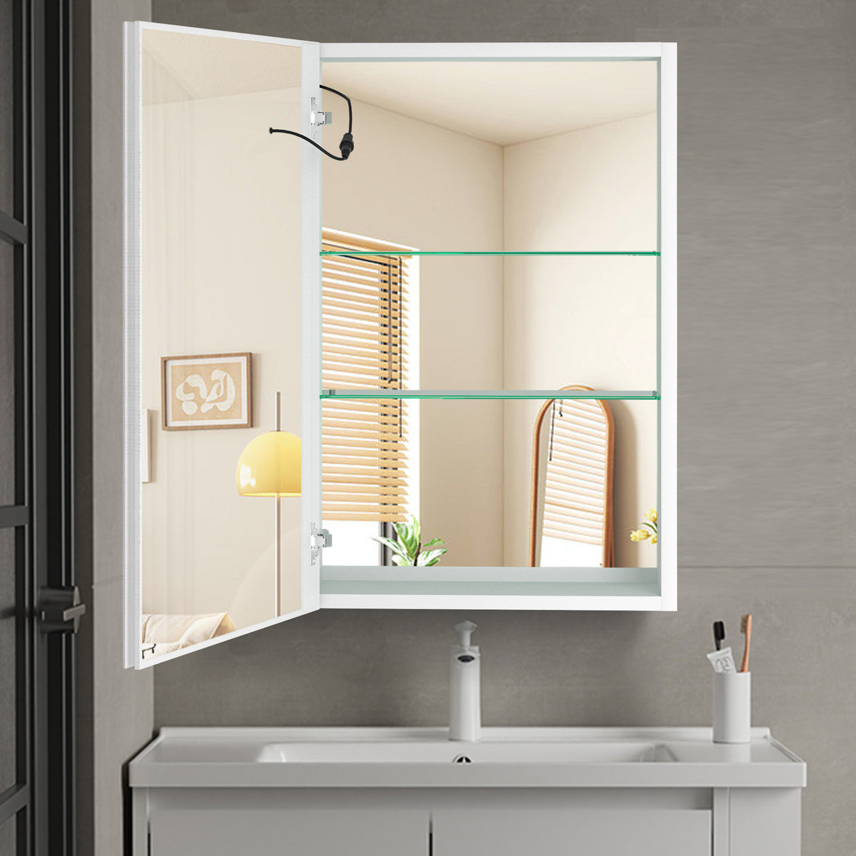 30x20 inch LED Bathroom Medicine Cabinet Surface Mounted Cabinets With Lighted Mirror  White Left Open