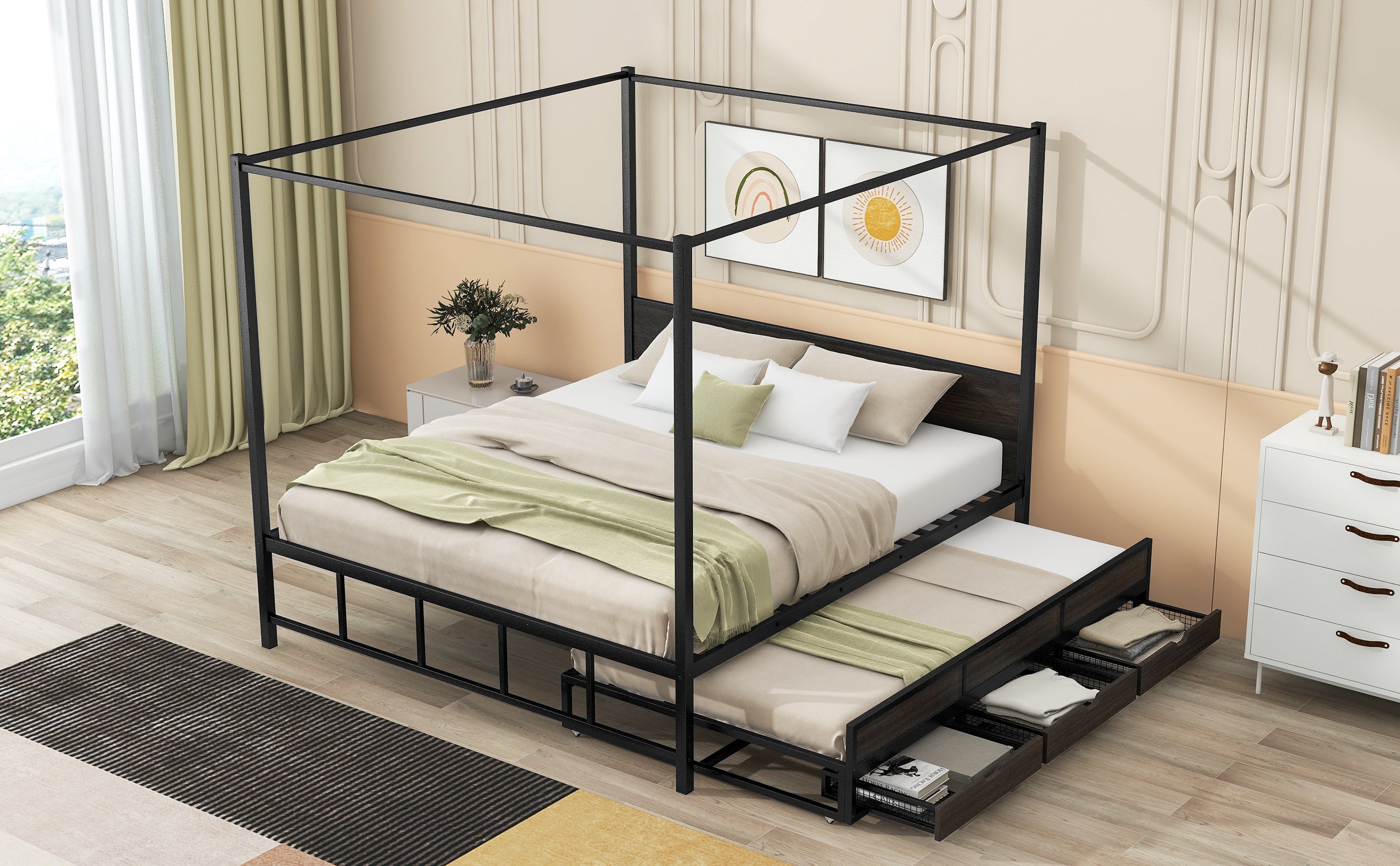 Queen Size Metal Canopy Platform Bed with Twin Size Trundle and 3 Storage Drawers, Black