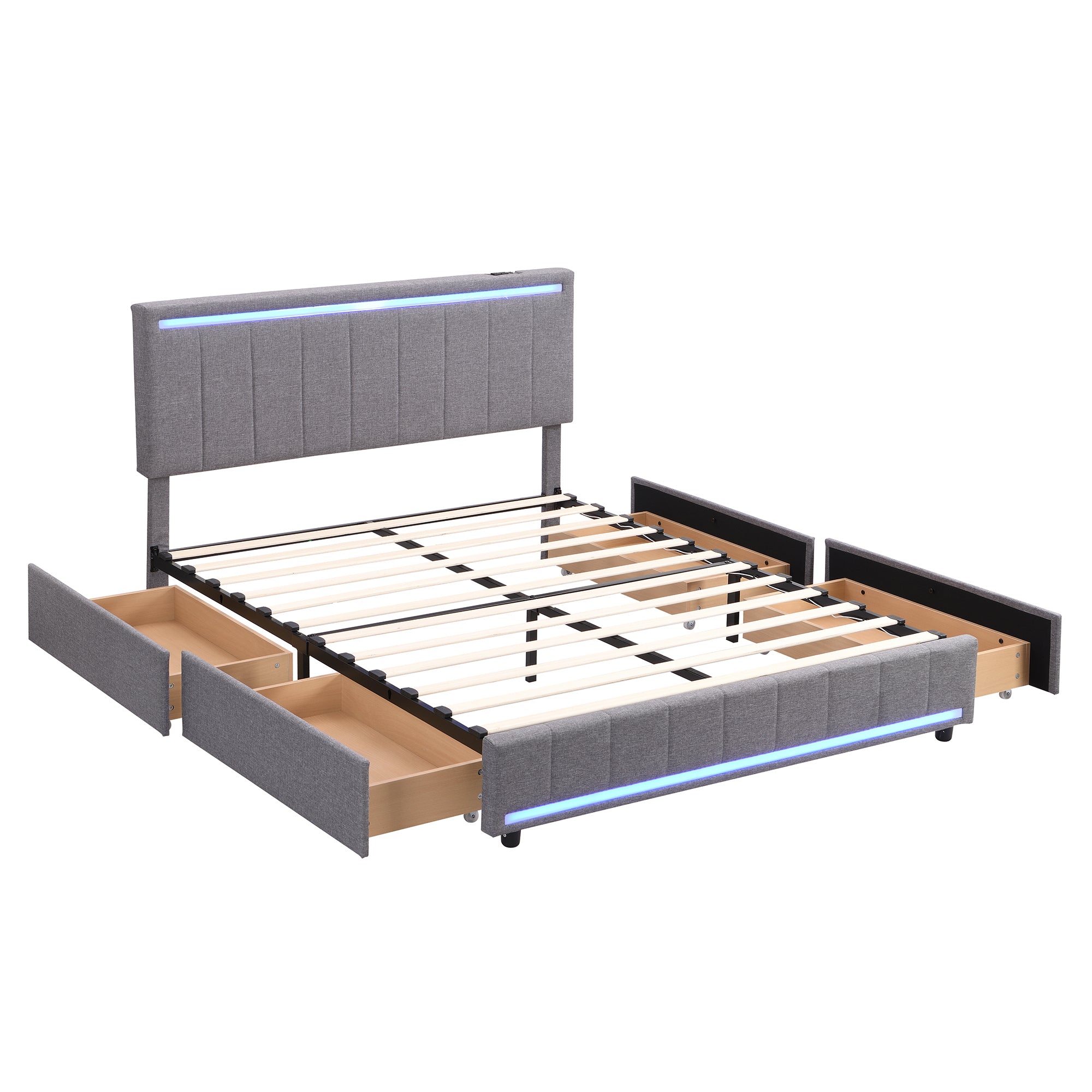 Queen Size Upholstered Bed with LED Light and 4 Drawers,  Modern Platform Bed with a set of Sockets and USB Ports, Linen Fabric, Beige