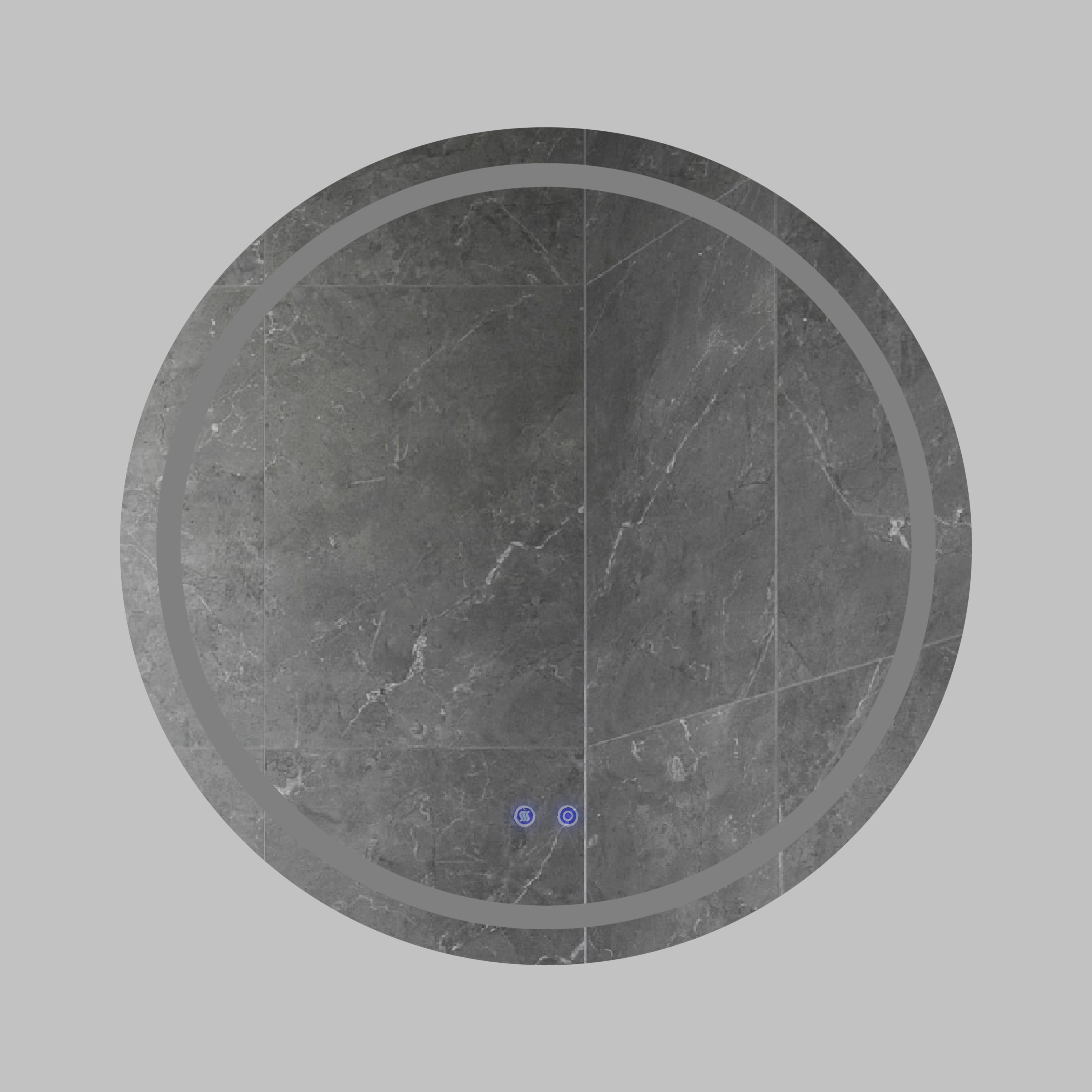 32 x 32 Inch Round Frameless LED Illuminated Bathroom Mirror, Touch Button Defogger, Metal, Frosted Edges, Silver