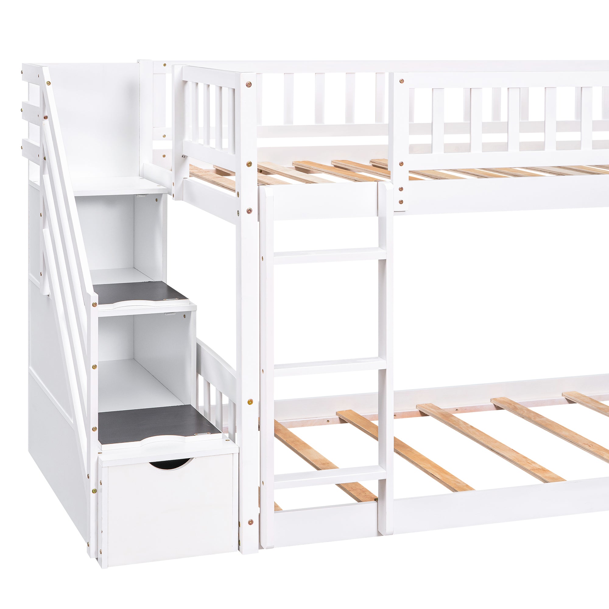 Stairway Twin over Twin Bunk Bed with Two Drawers and Slide, White(OLD SKU :LT000155AAK)